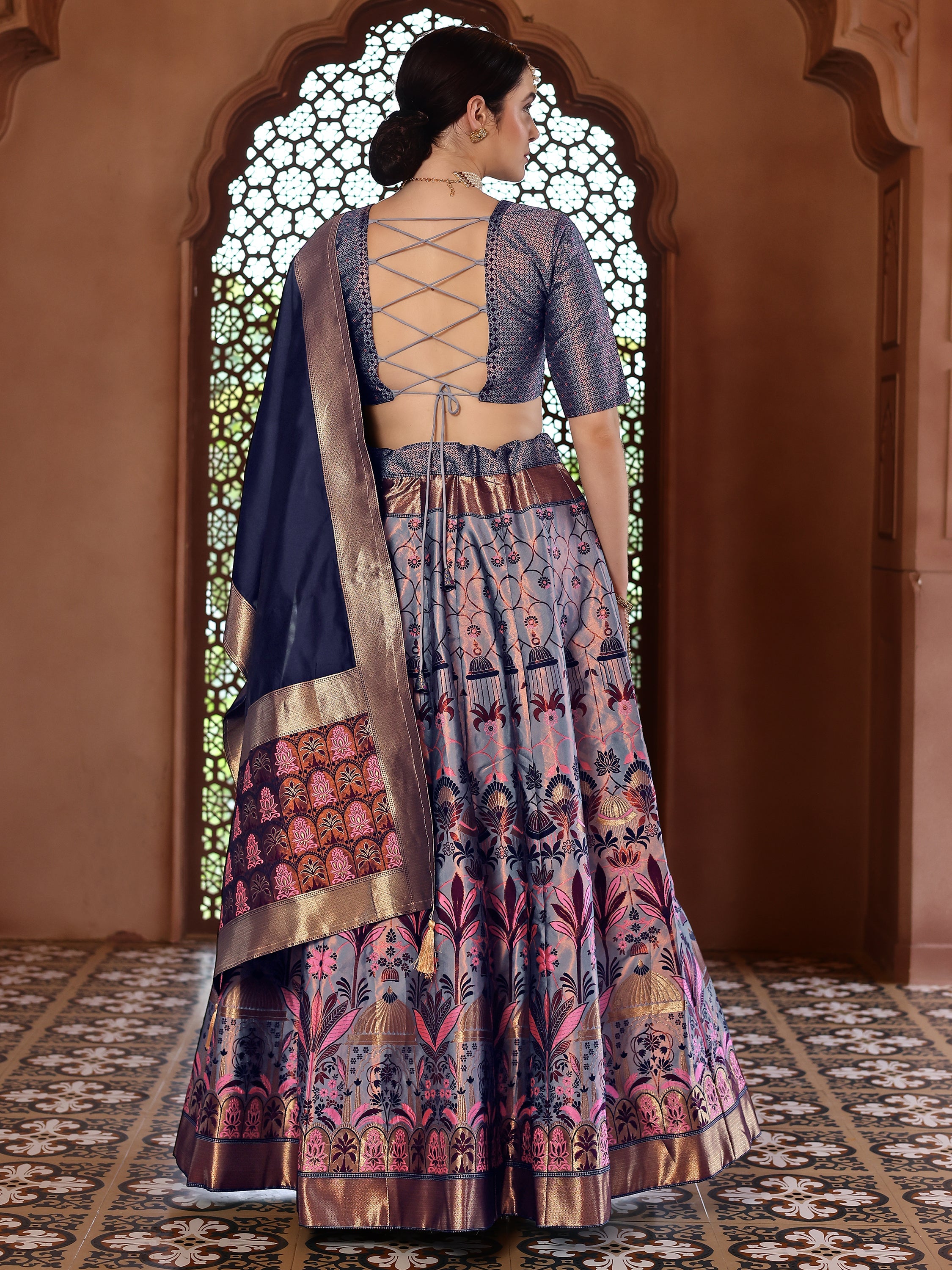 Woven With Zari Timeless Motifs Navy Blue Lehenga Choli