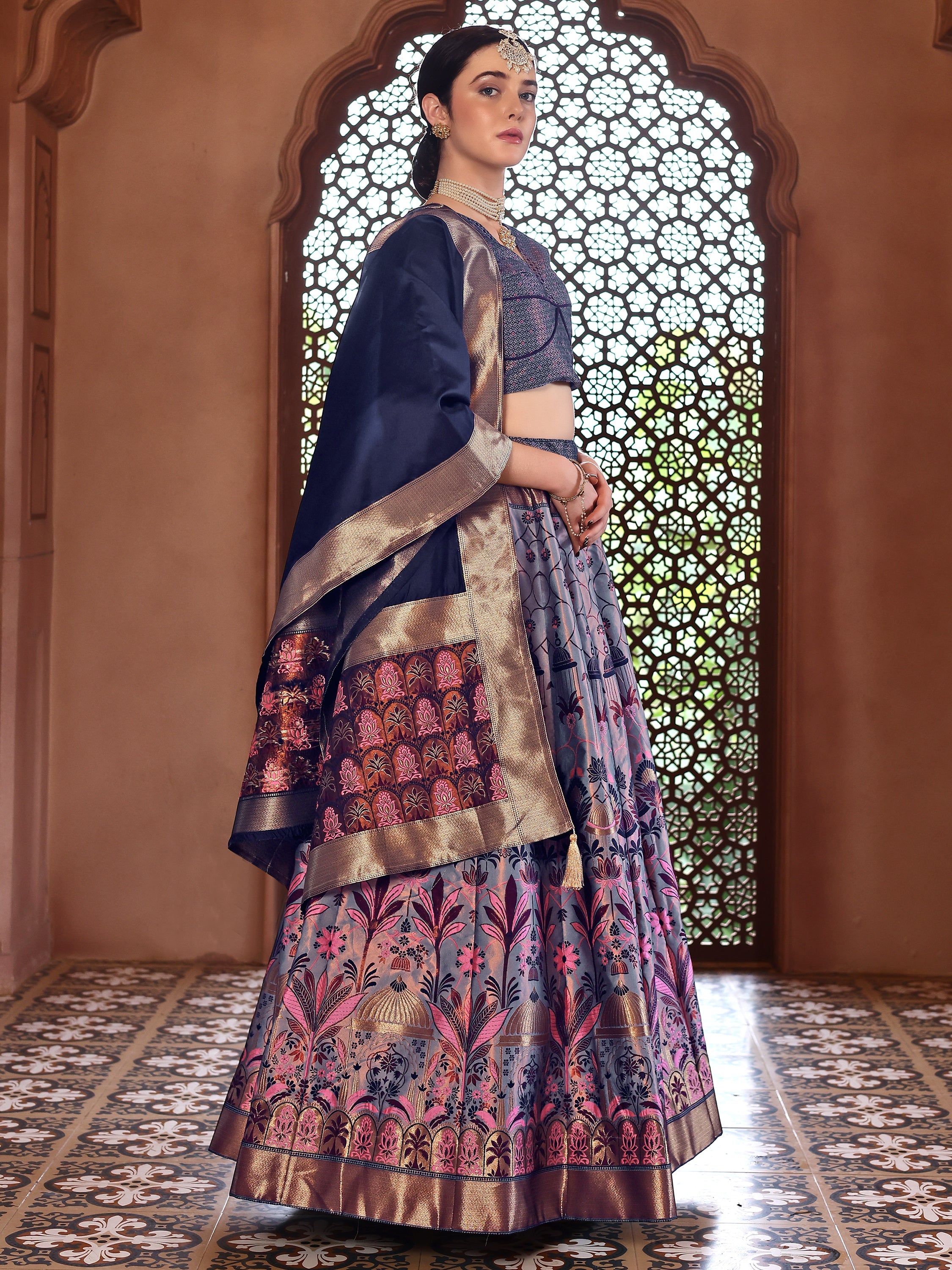 Woven With Zari Timeless Motifs Navy Blue Lehenga Choli