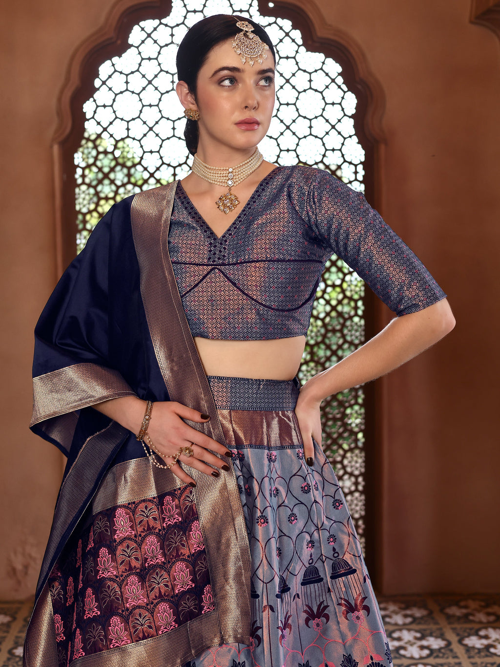 Woven With Zari Timeless Motifs Navy Blue Lehenga Choli
