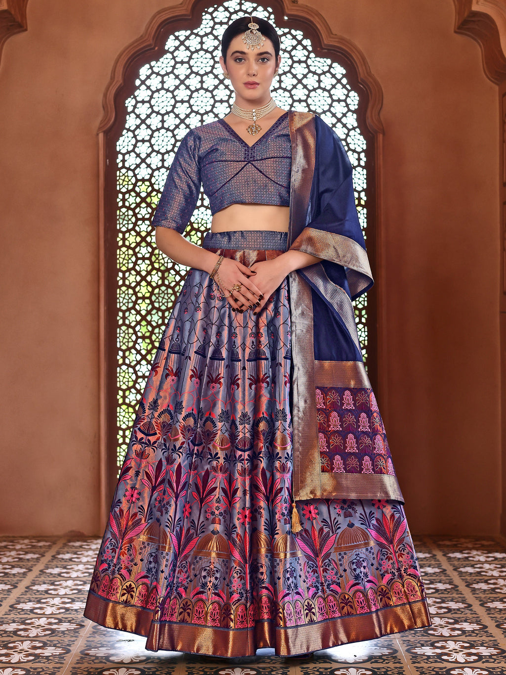 Woven With Zari Timeless Motifs Navy Blue Lehenga Choli