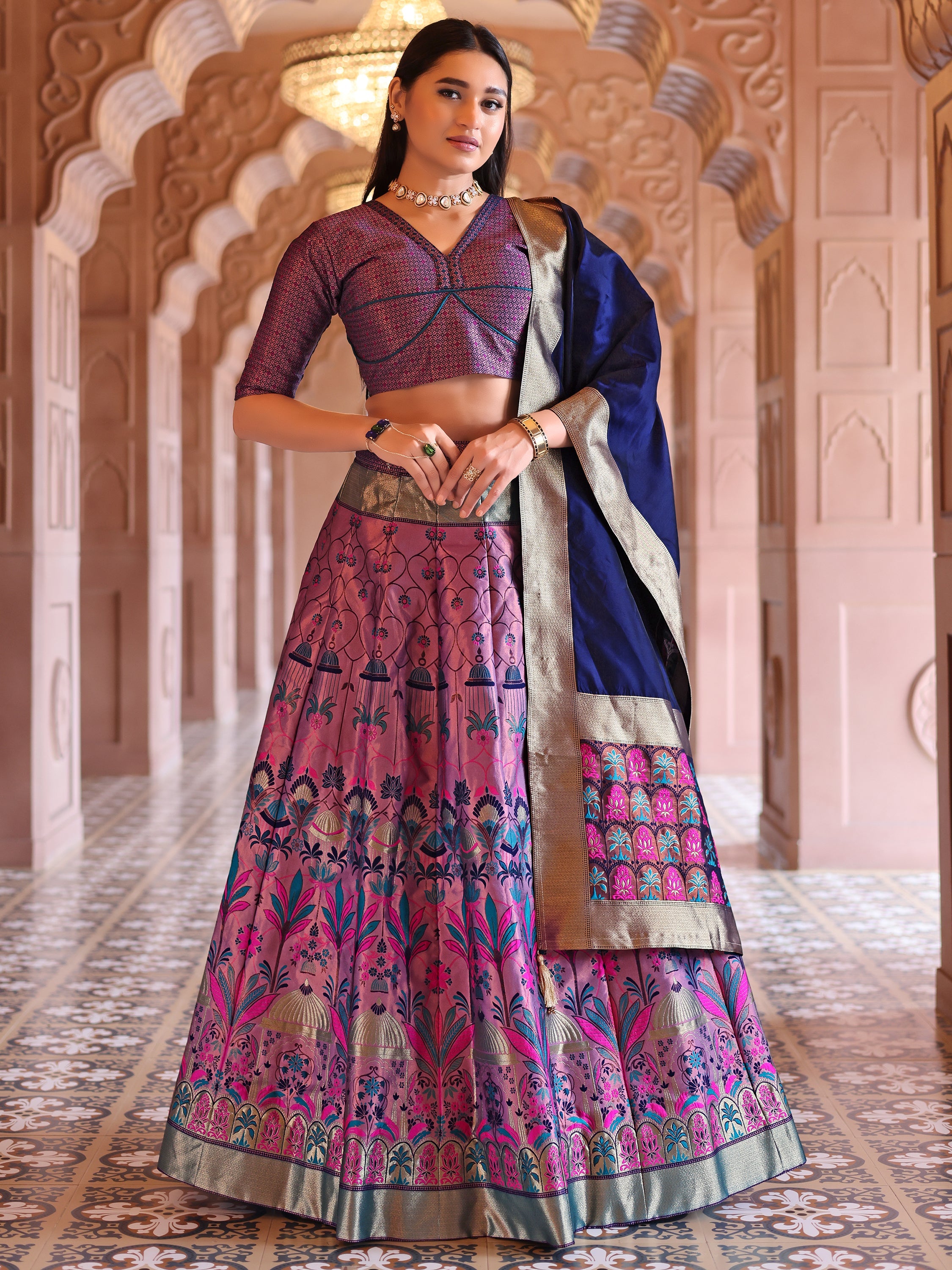 Woven With Zari Timeless Motifs Purple Lehenga Choli
