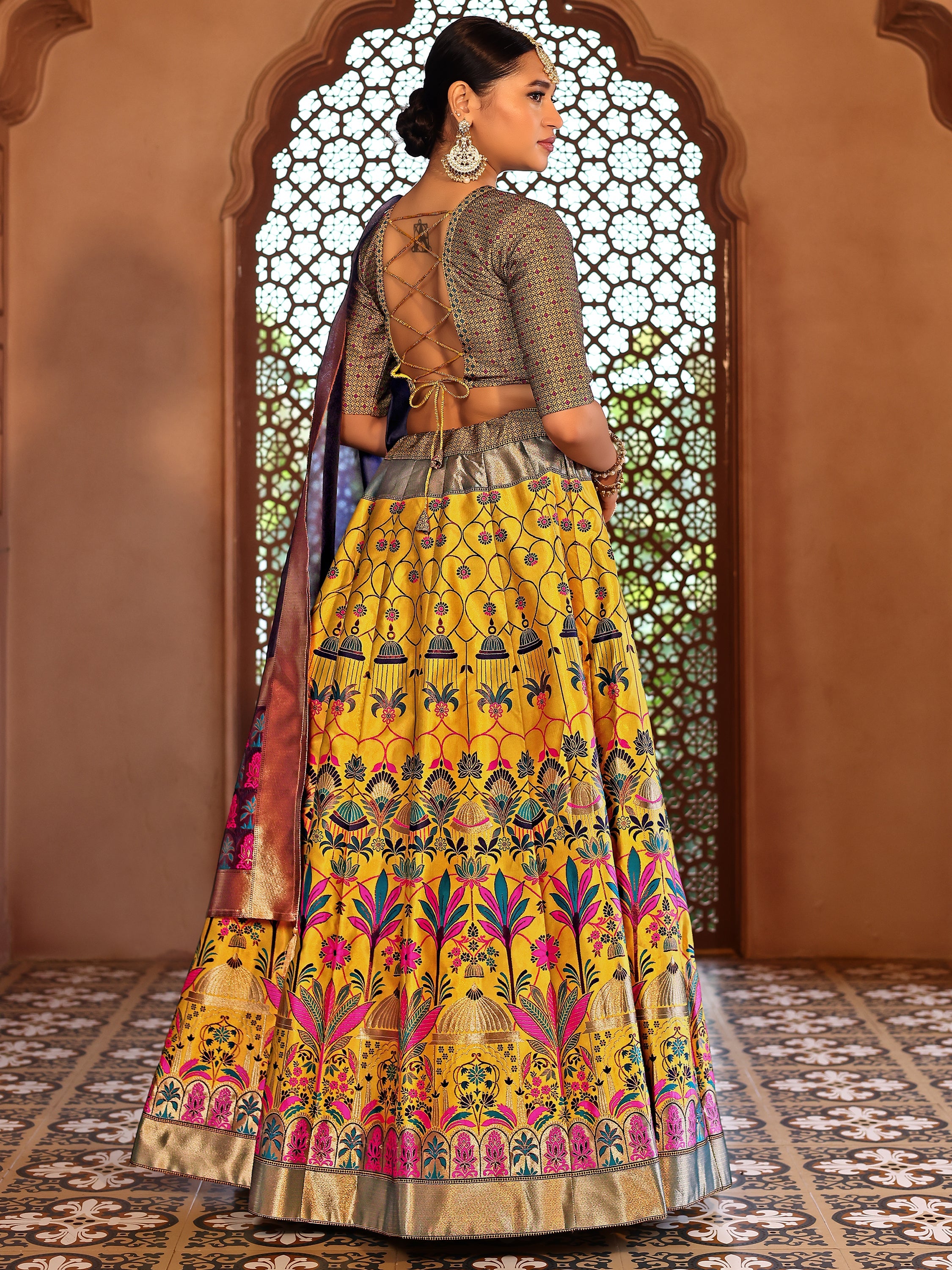 Woven With Zari Timeless Motifs Yellow Lehenga Choli