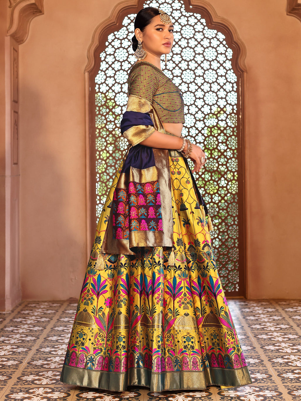 Woven With Zari Timeless Motifs Yellow Lehenga Choli