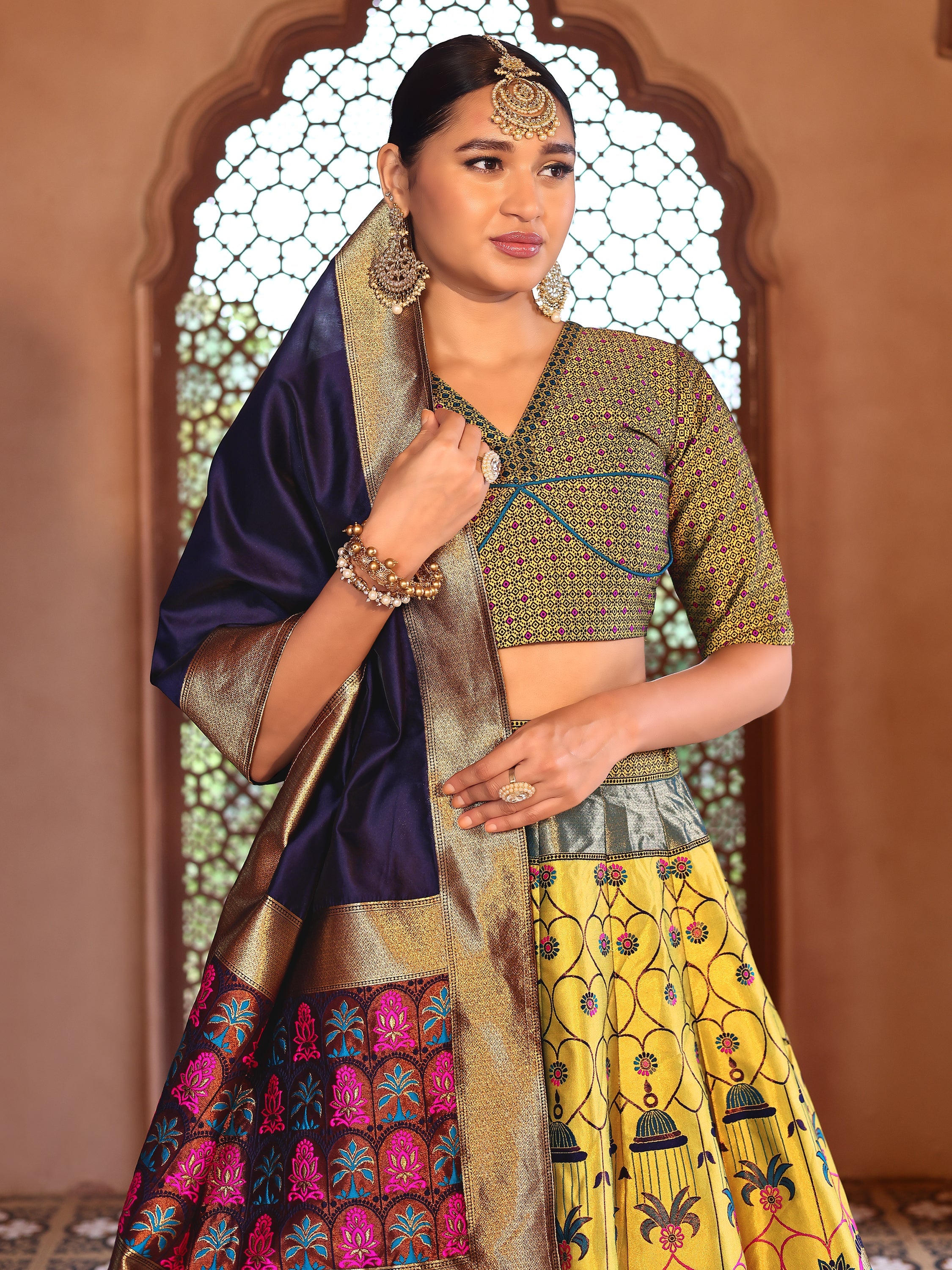 Woven With Zari Timeless Motifs Yellow Lehenga Choli