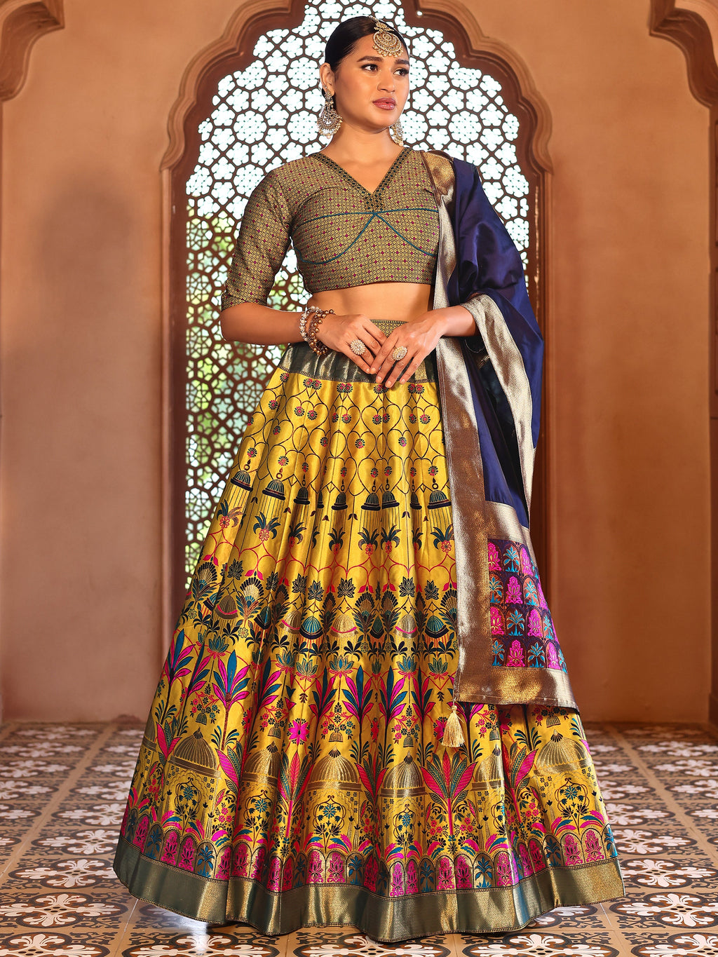 Woven With Zari Timeless Motifs Yellow Lehenga Choli