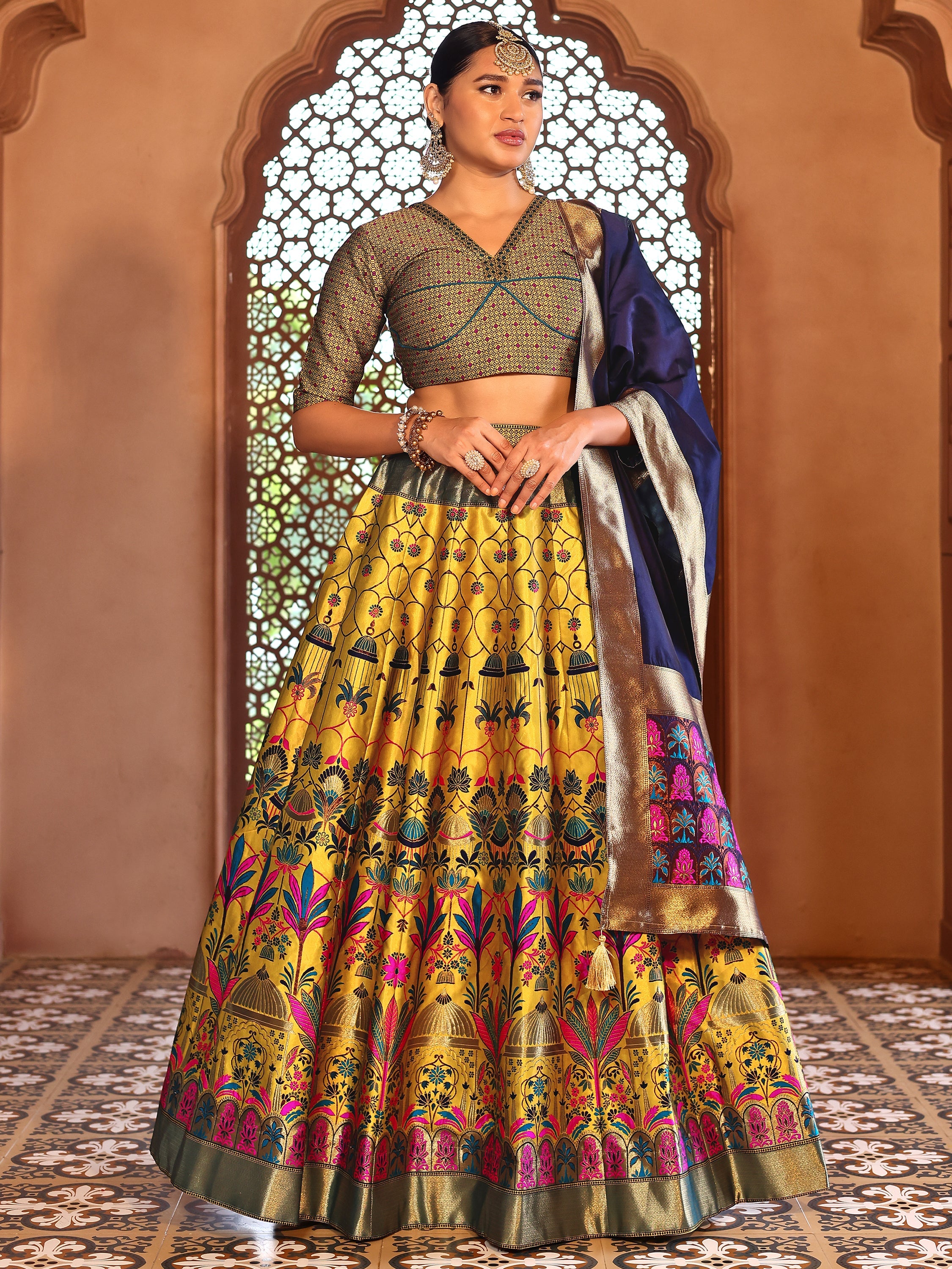 Woven With Zari Timeless Motifs Yellow Lehenga Choli