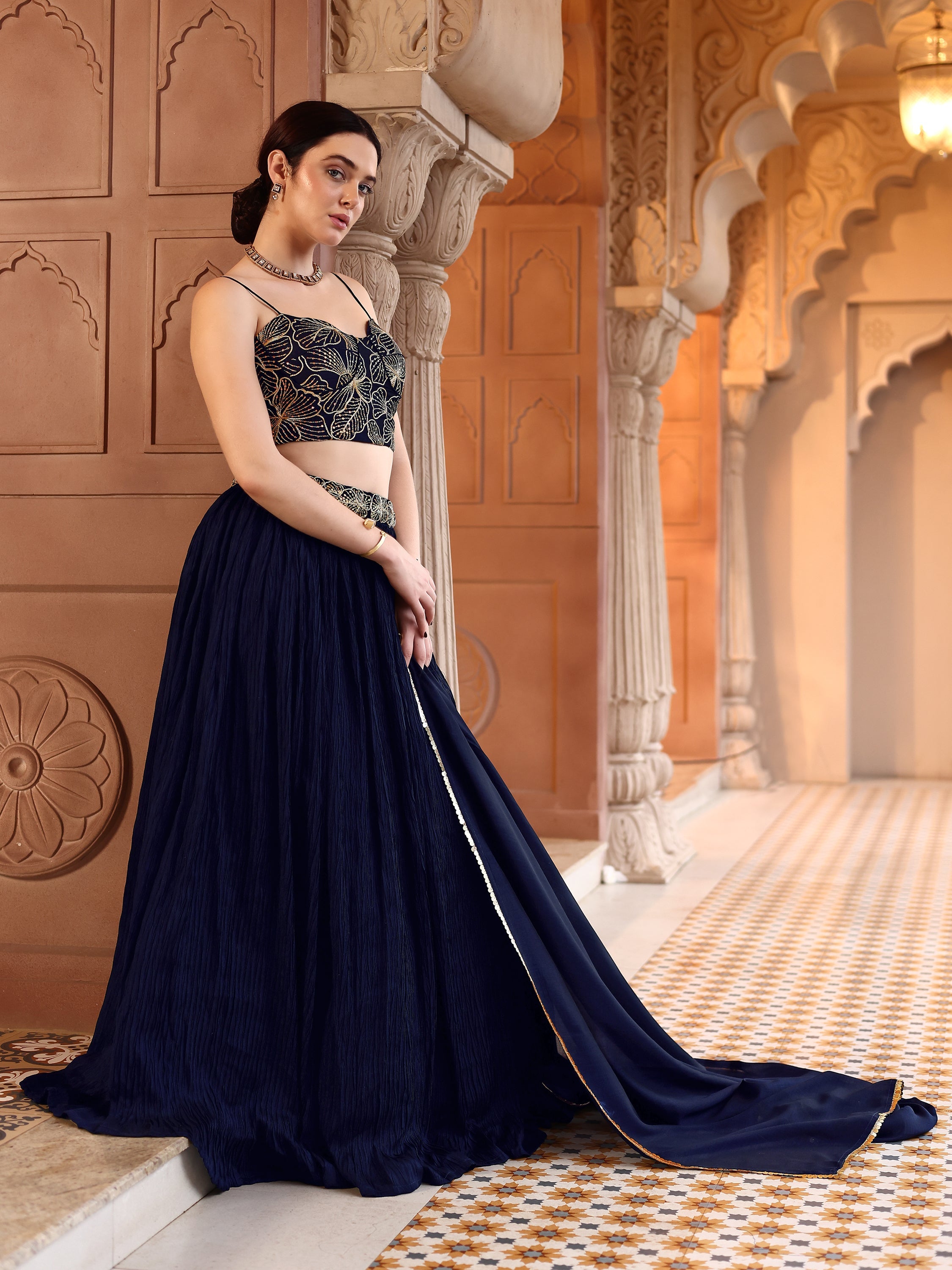 Often With Multiple Pleats Navy Blue Lehenga Choli