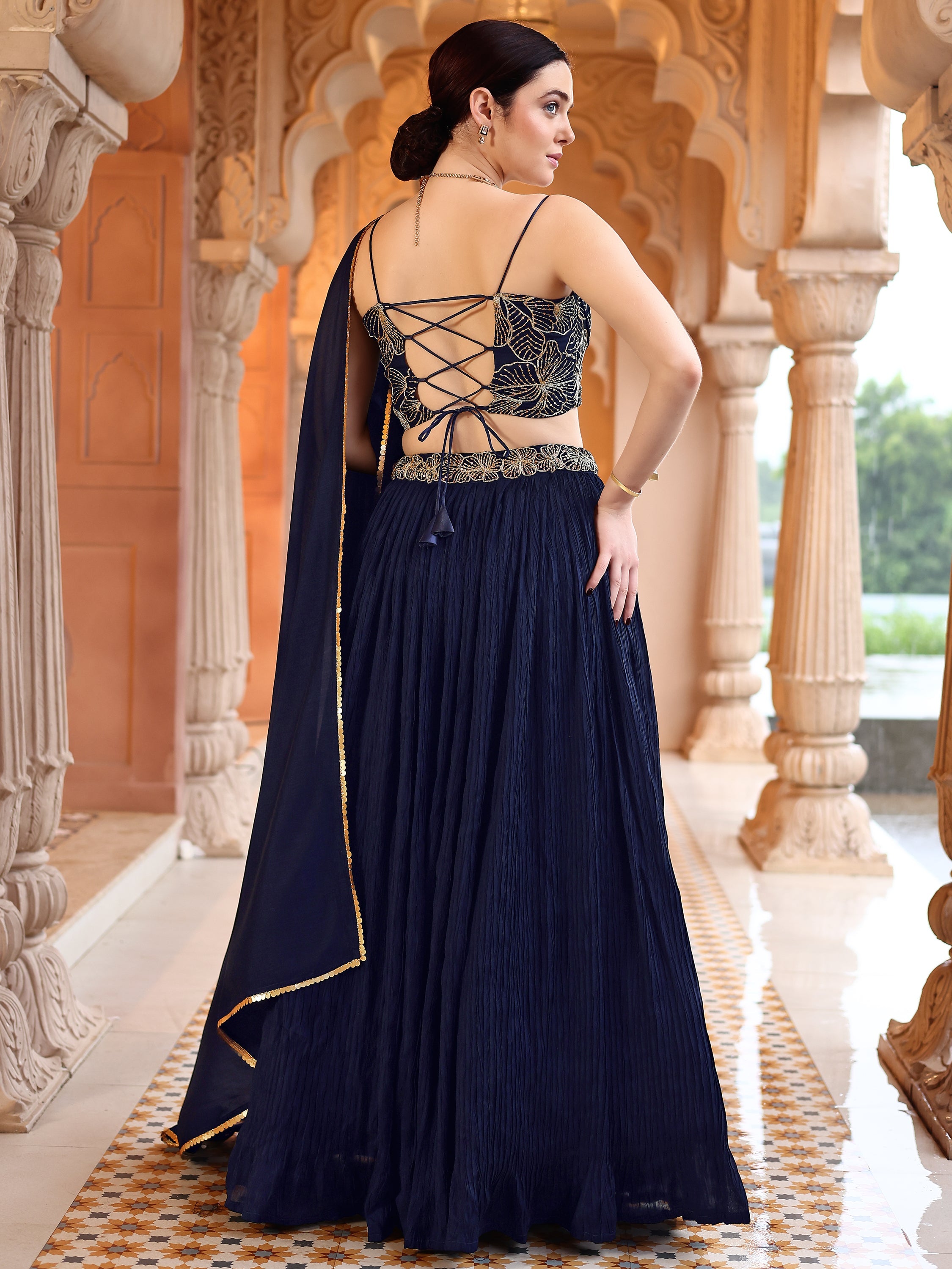Often With Multiple Pleats Navy Blue Lehenga Choli