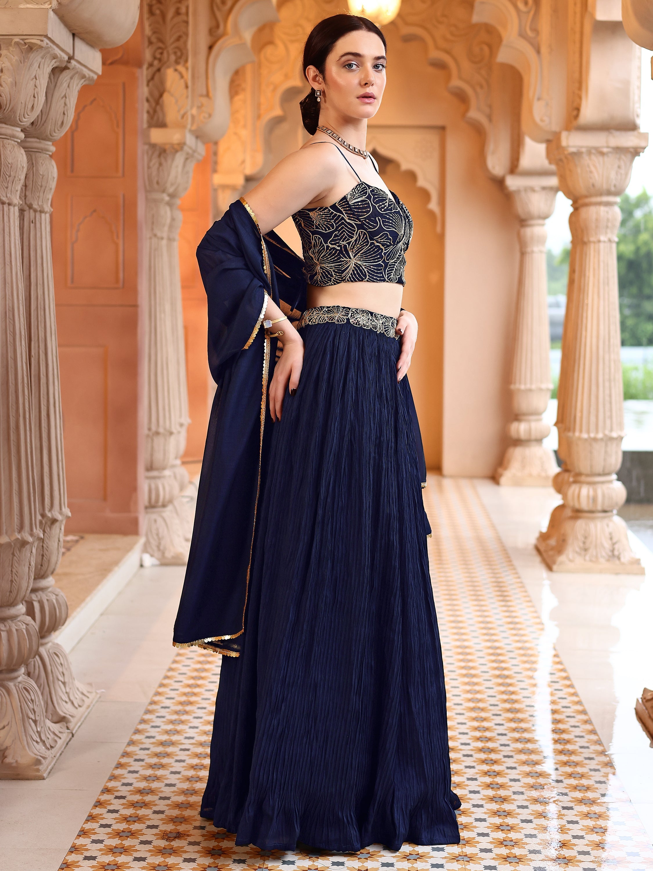 Often With Multiple Pleats Navy Blue Lehenga Choli