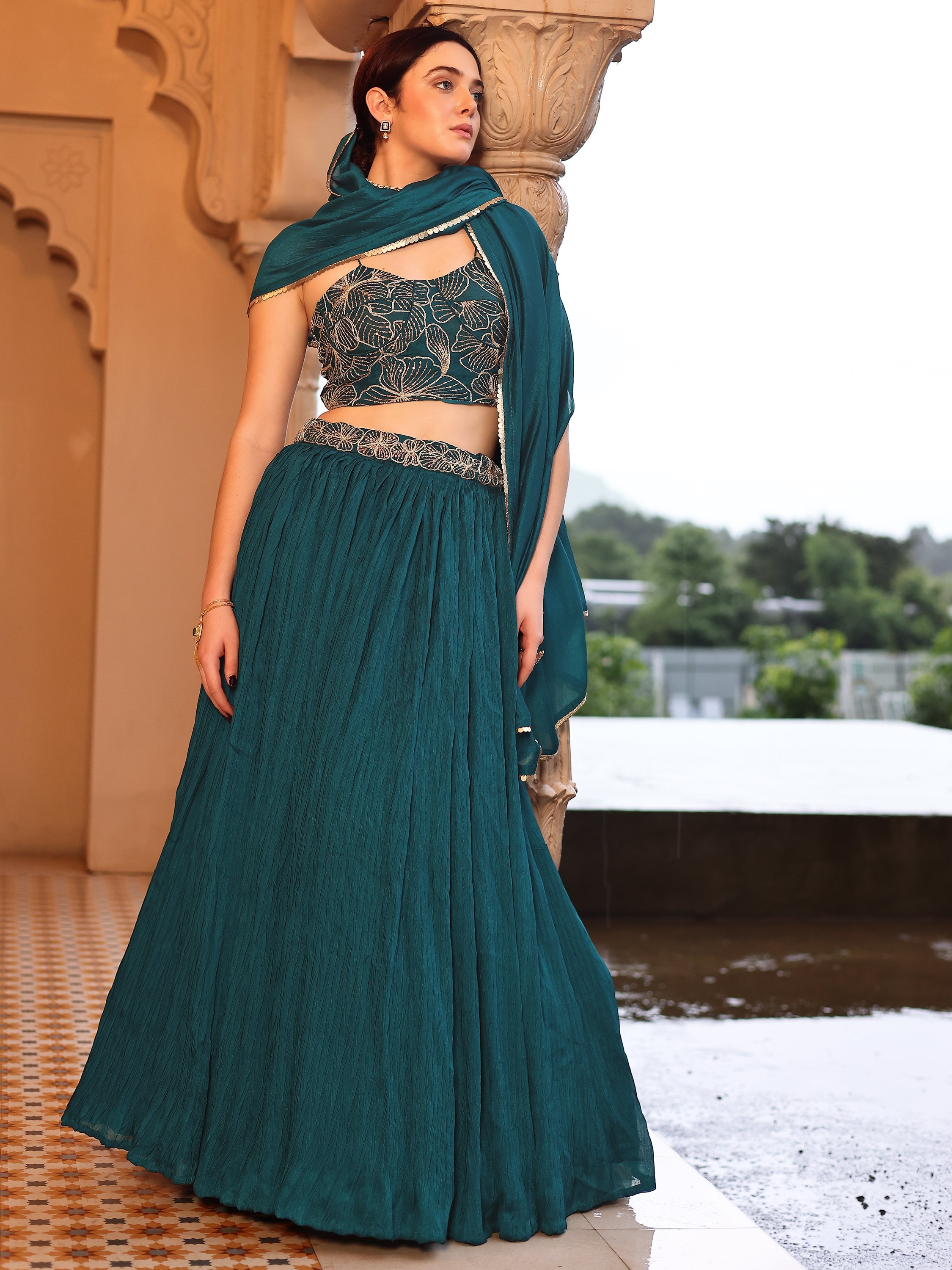Often With Multiple Pleats Rama Lehenga Choli