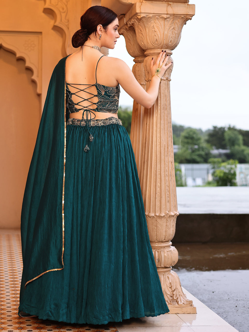 Often With Multiple Pleats Rama Lehenga Choli