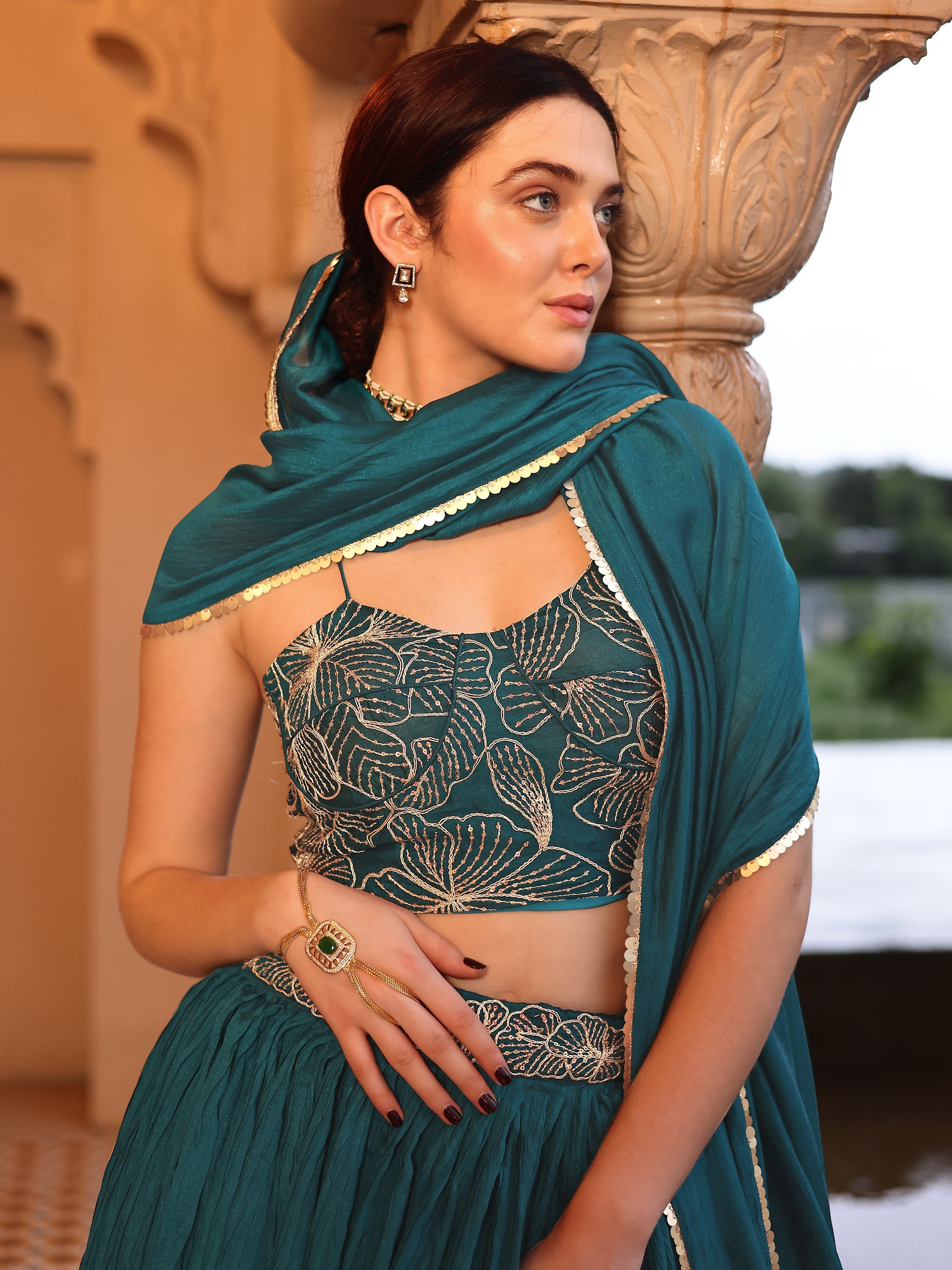 Often With Multiple Pleats Rama Lehenga Choli