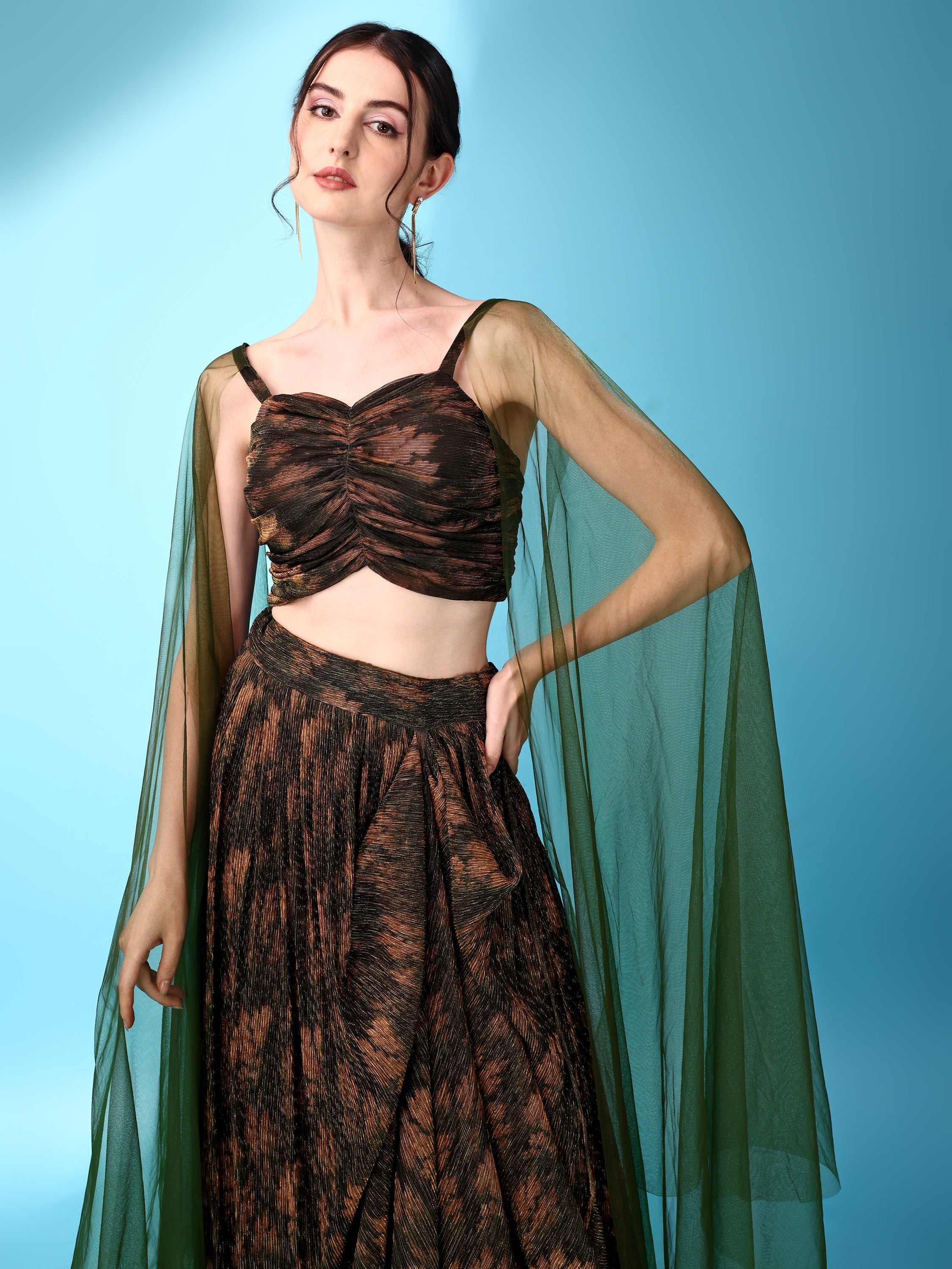 Dhoti-Style Paired Green lehenga Choli With Net Dupatta