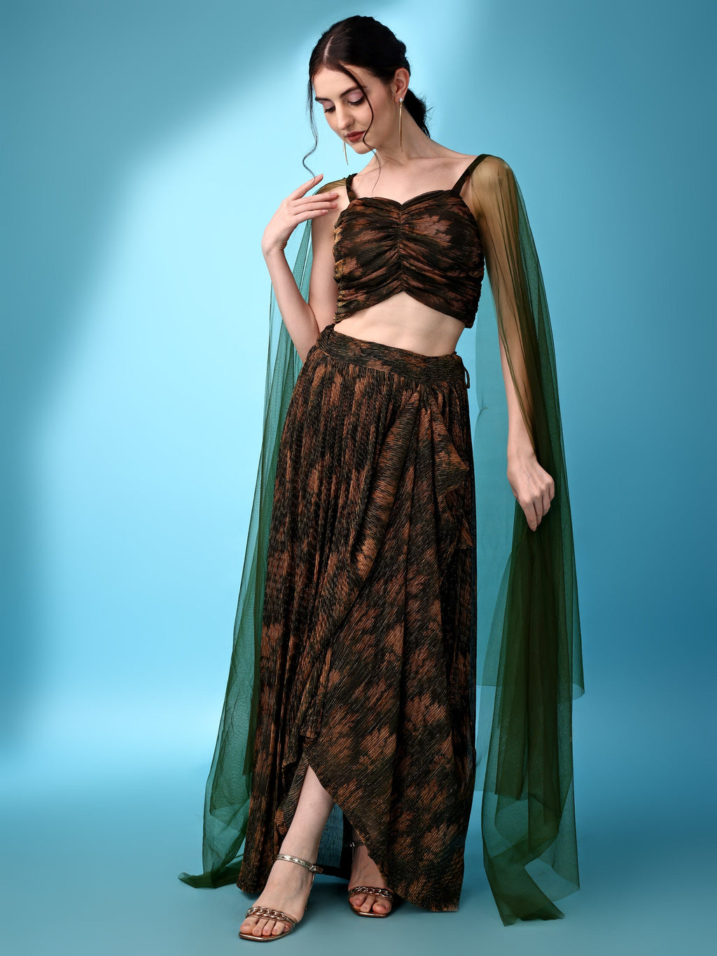 Dhoti-Style Paired Green lehenga Choli With Net Dupatta