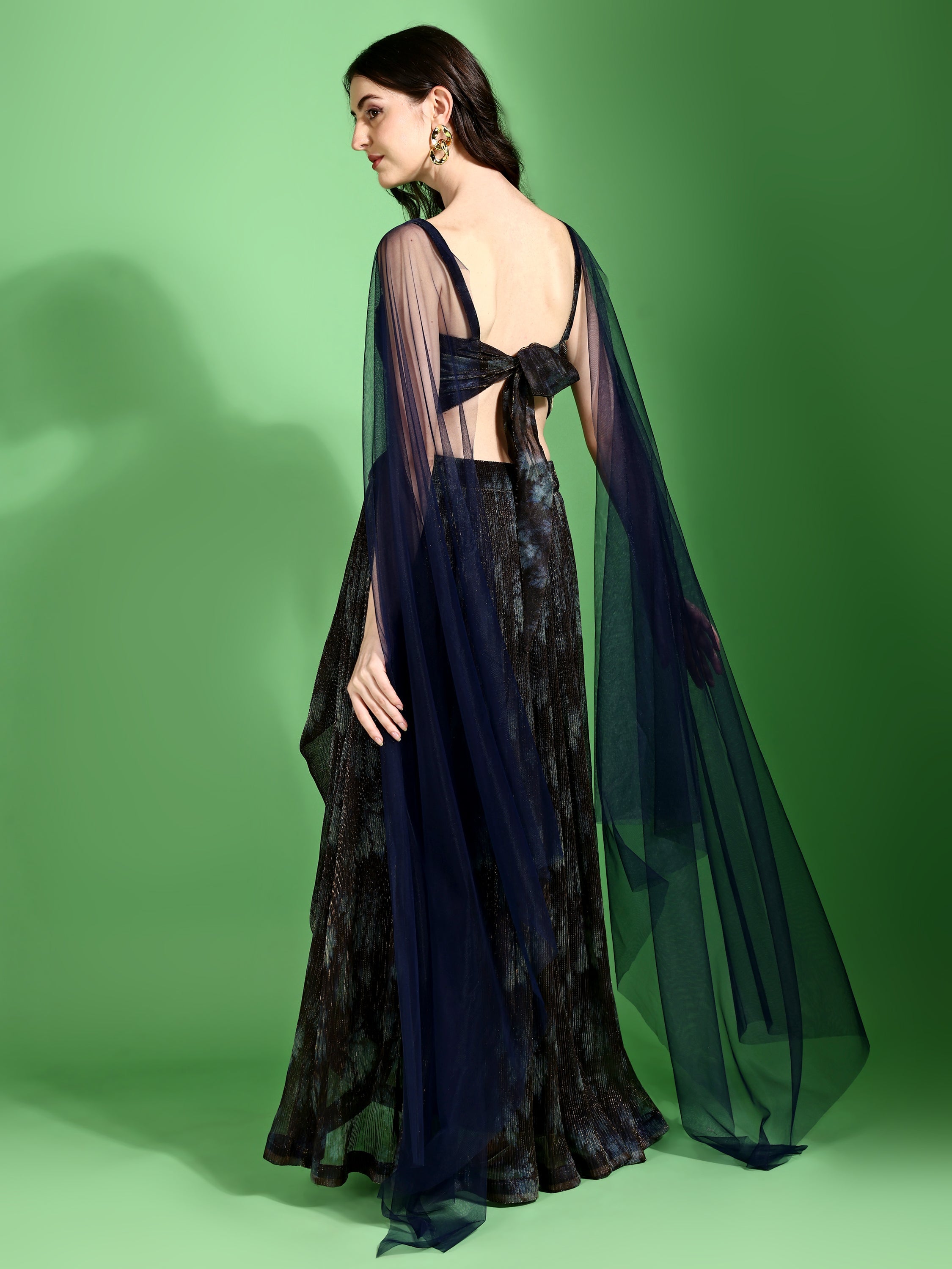 Dhoti-Style Paired Navy Blue lehenga Choli With Net Dupatta