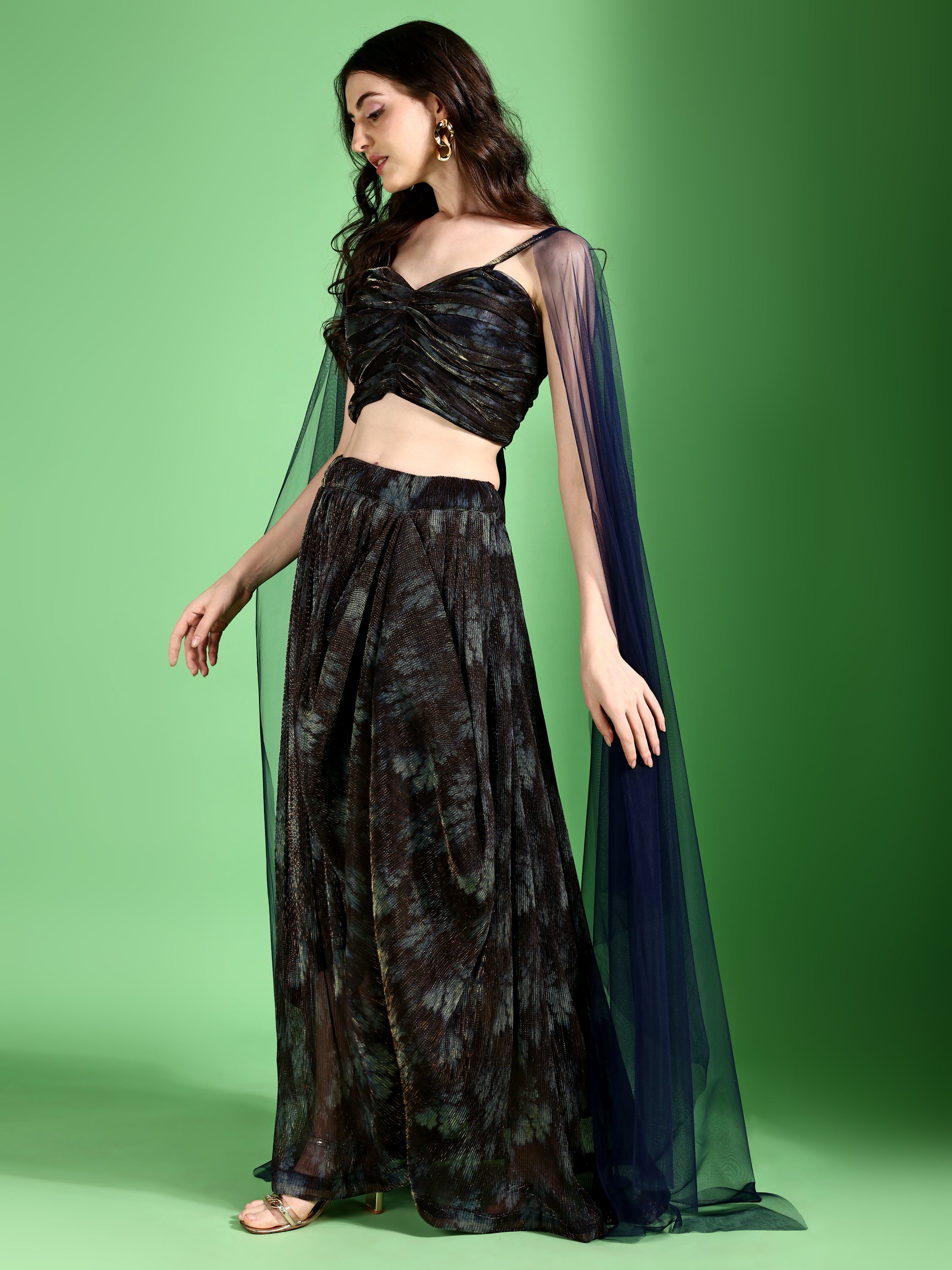 Dhoti-Style Paired Navy Blue lehenga Choli With Net Dupatta