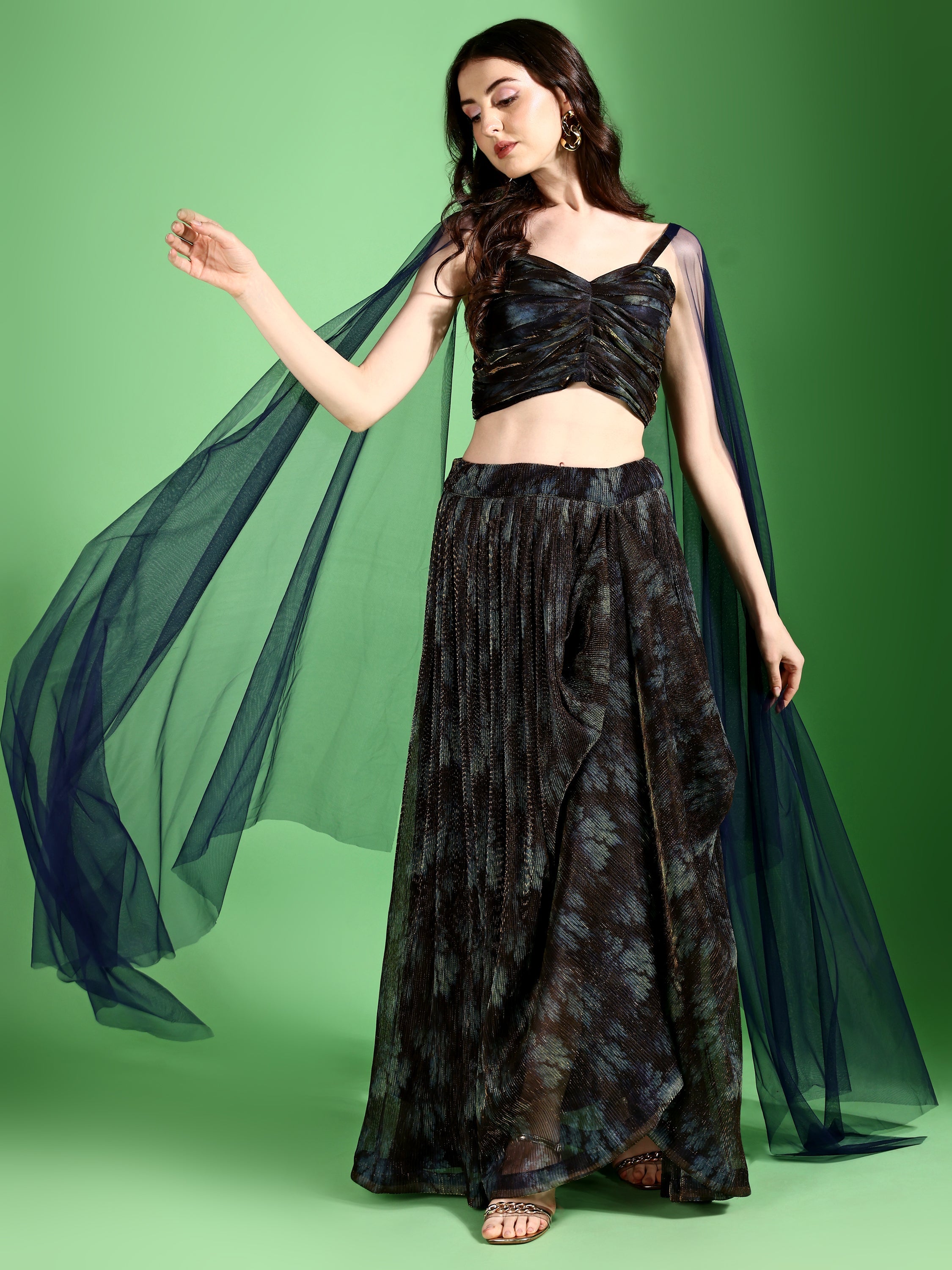 Dhoti-Style Paired Navy Blue lehenga Choli With Net Dupatta