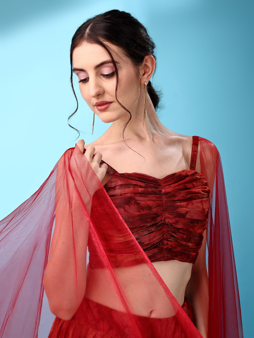 Dhoti-Style Paired Red lehenga Choli With Net Dupatta