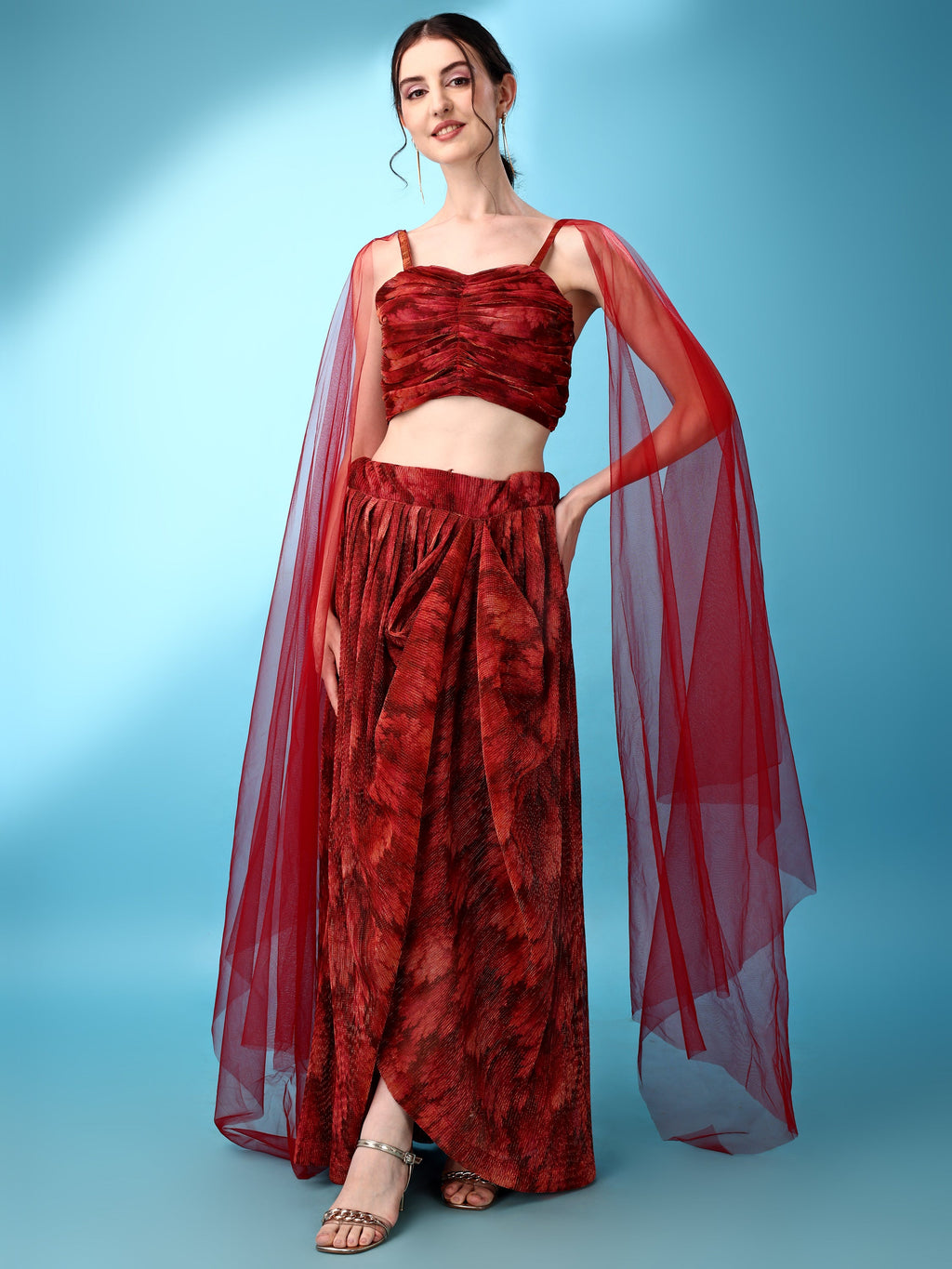 Dhoti-Style Paired Red lehenga Choli With Net Dupatta