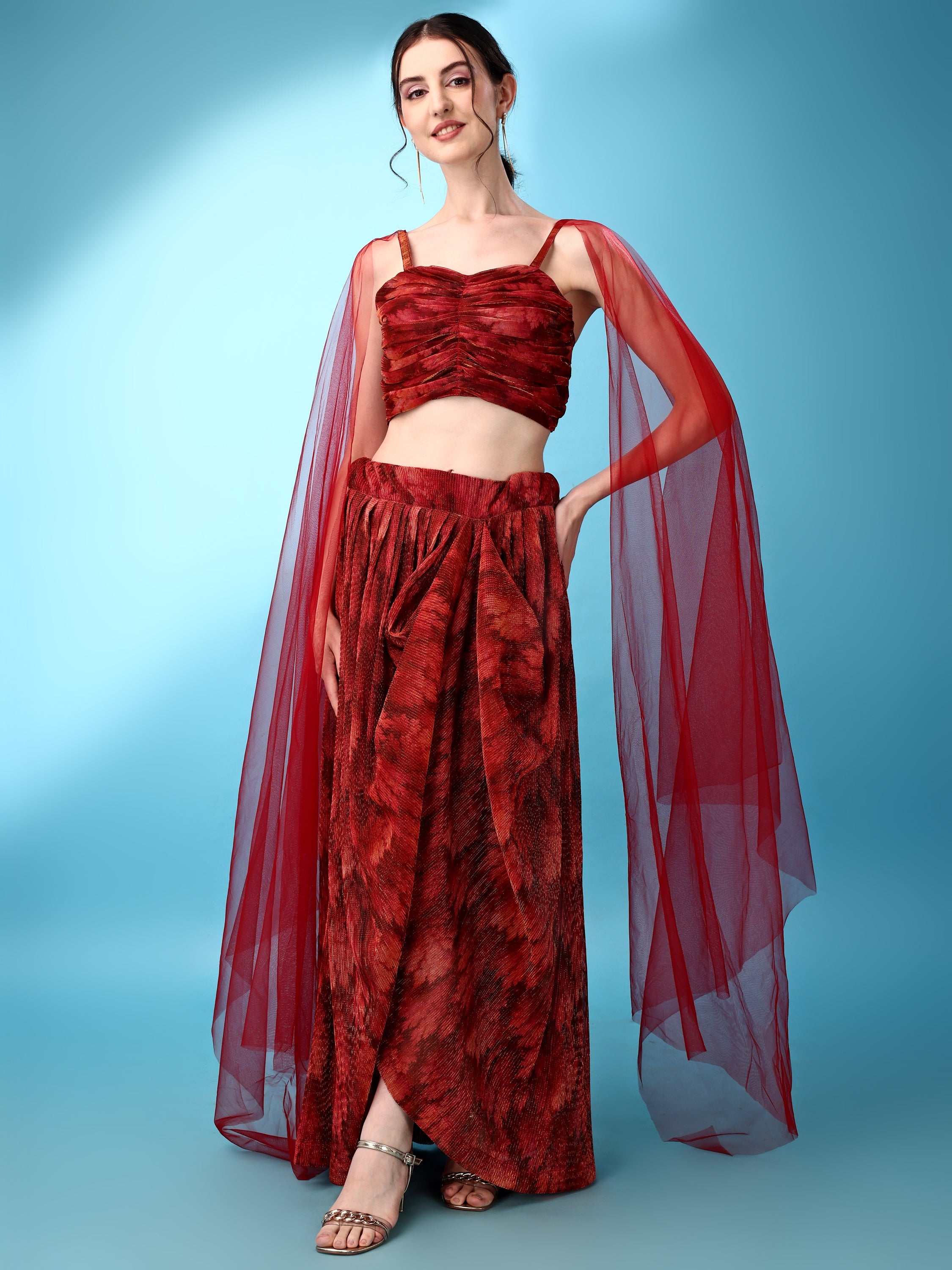 Dhoti-Style Paired Red lehenga Choli With Net Dupatta