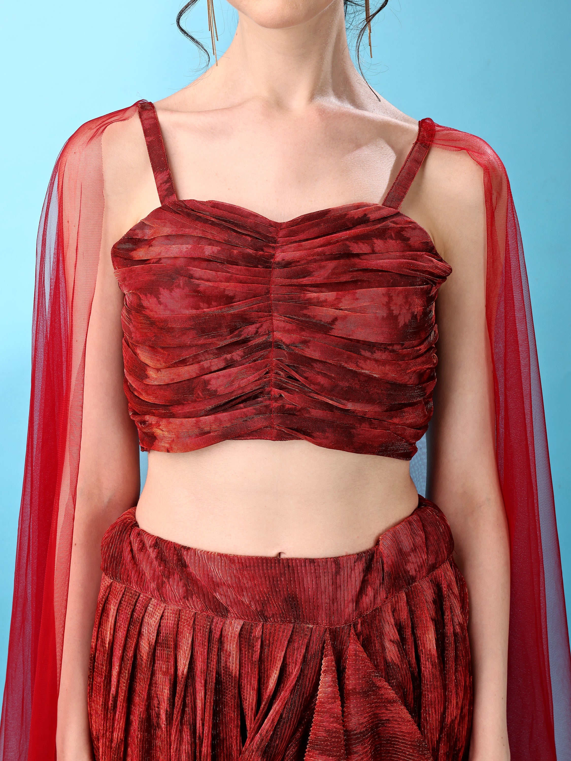 Dhoti-Style Paired Red lehenga Choli With Net Dupatta
