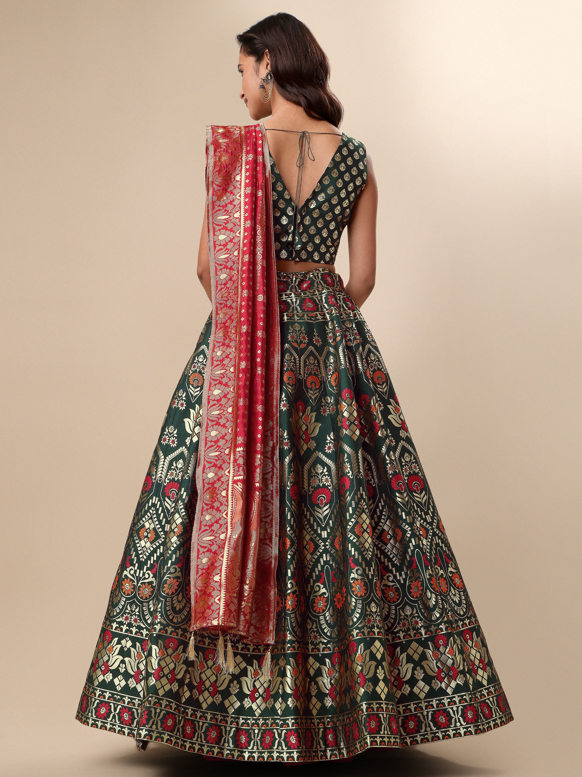 Women Green Floral Print Lehenga