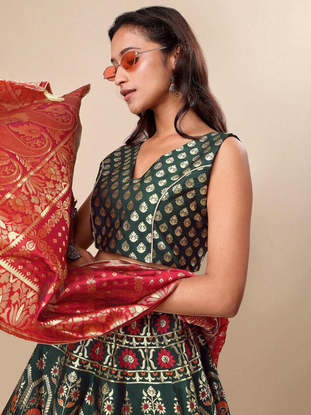 Women Green Floral Print Lehenga