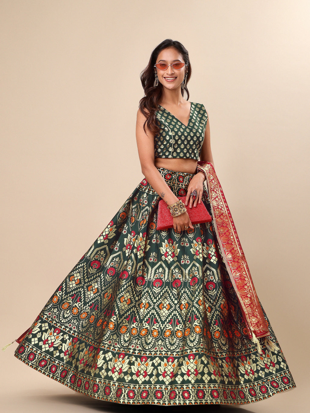 Women Green Floral Print Lehenga