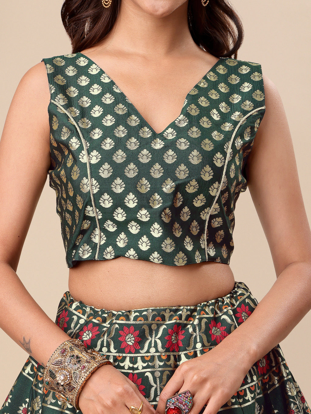 Women Green Floral Print Lehenga