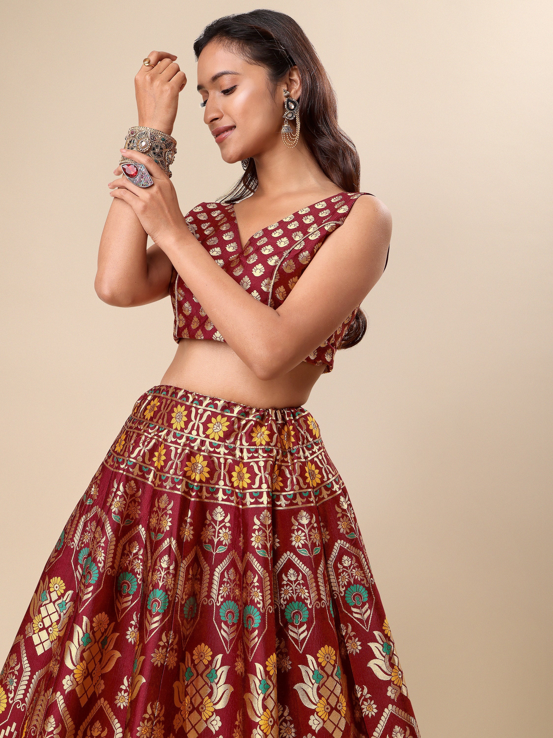 Women Maroon Floral Print Lehenga