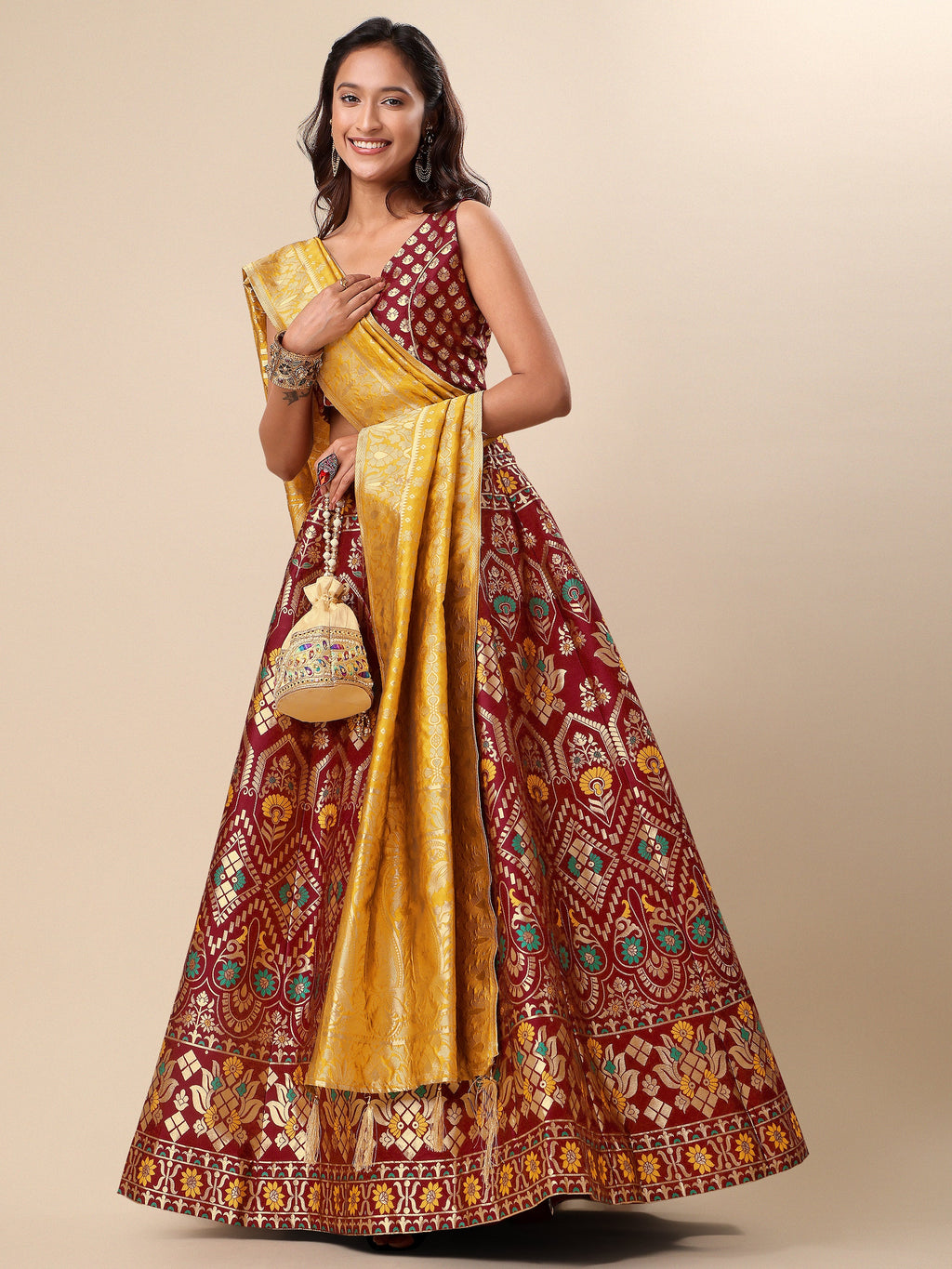 Women Maroon Floral Print Lehenga