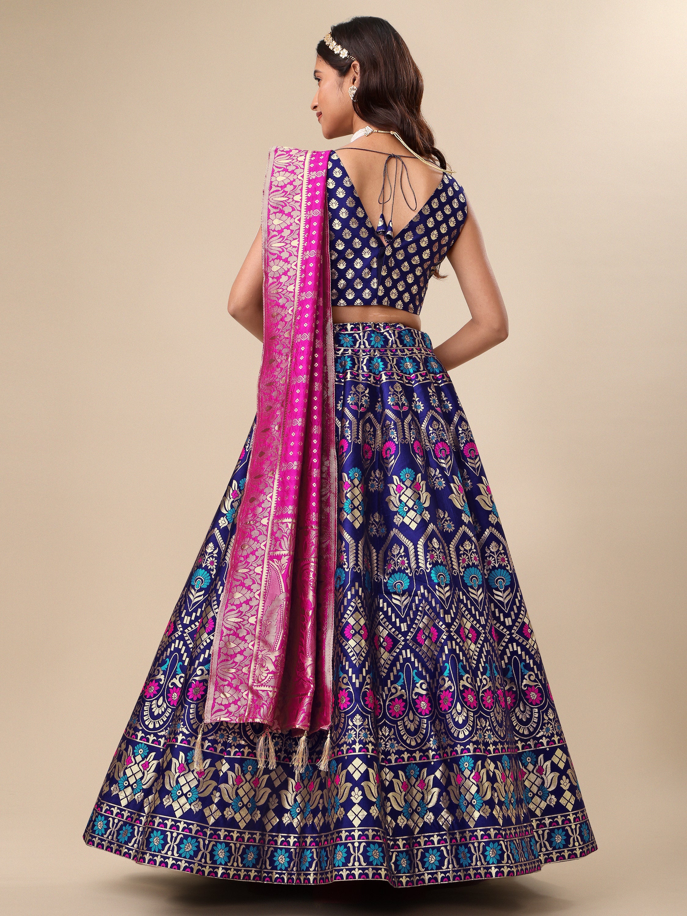 Women Blue Floral Print Lehenga