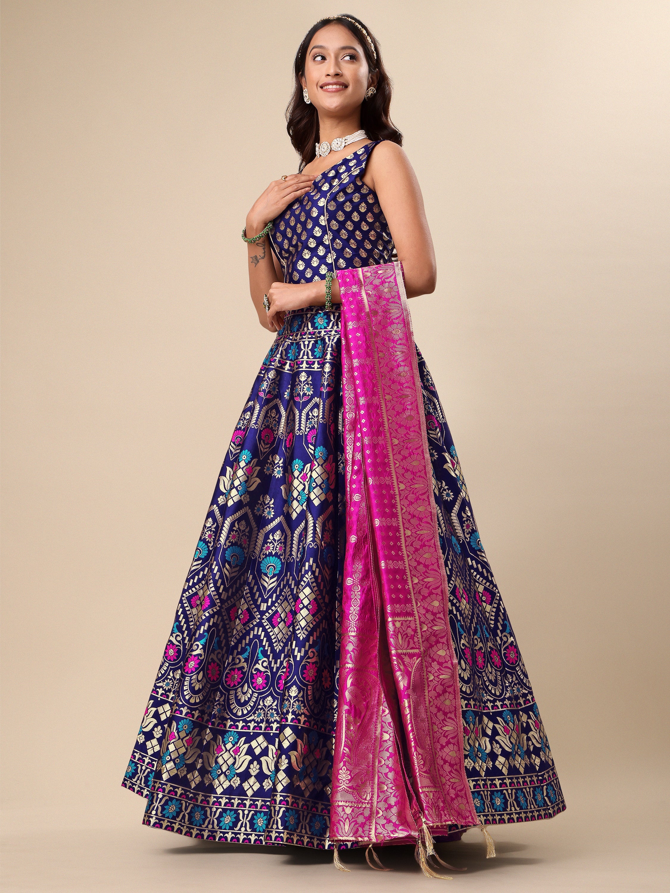 Women Blue Floral Print Lehenga