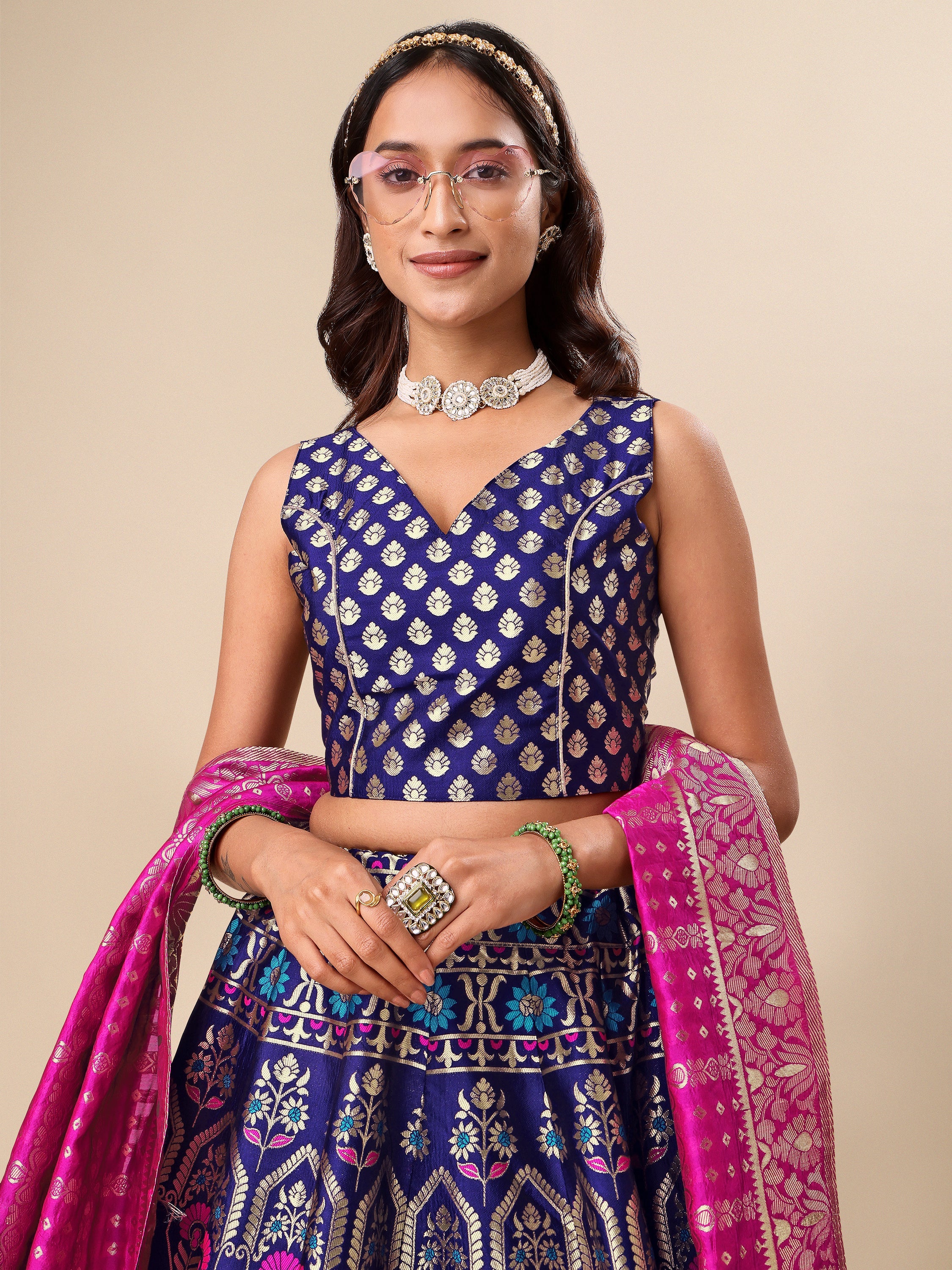 Women Blue Floral Print Lehenga