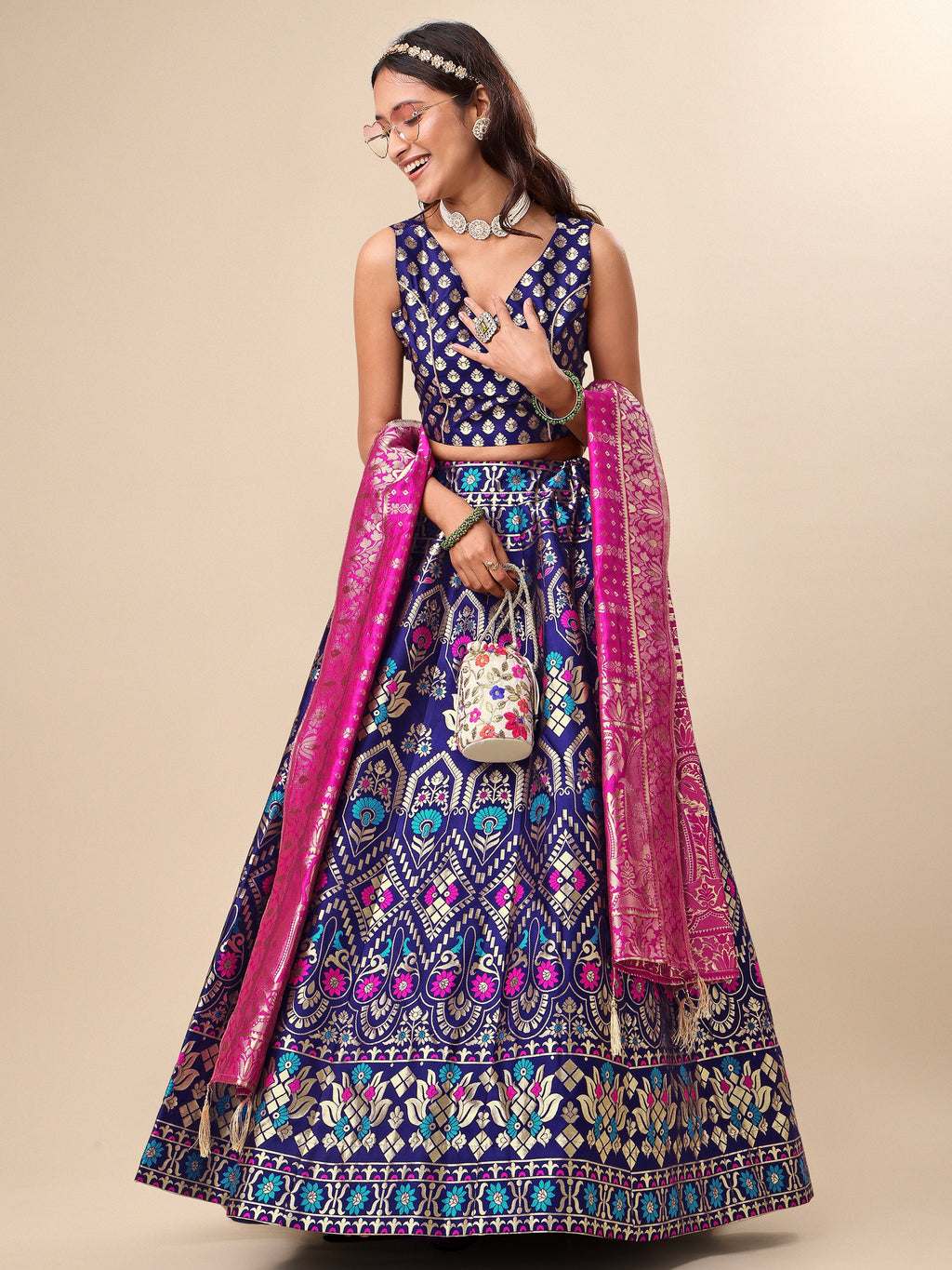Women Blue Floral Print Lehenga
