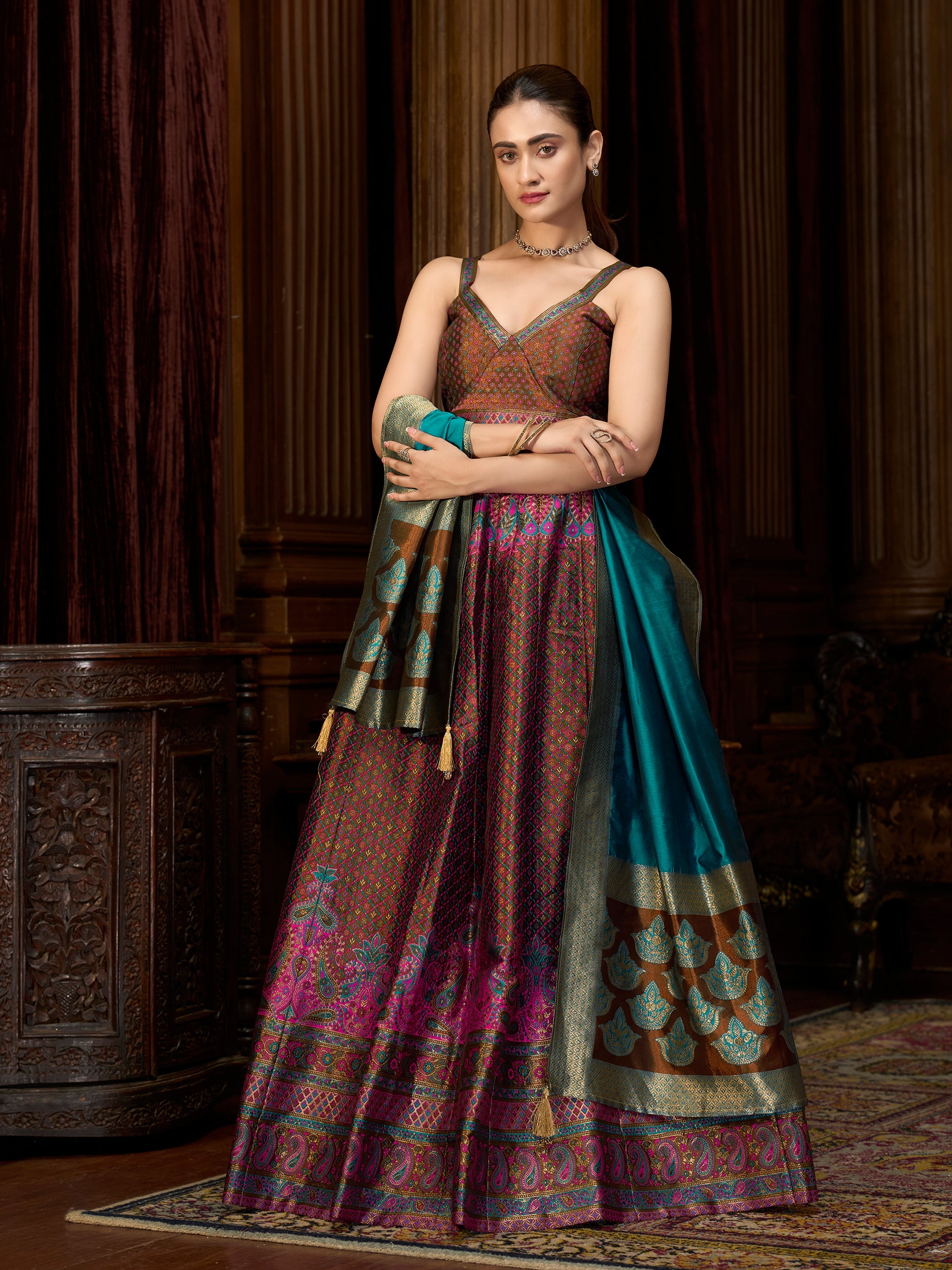 Women's Brown Kanjiwaram Lehengas