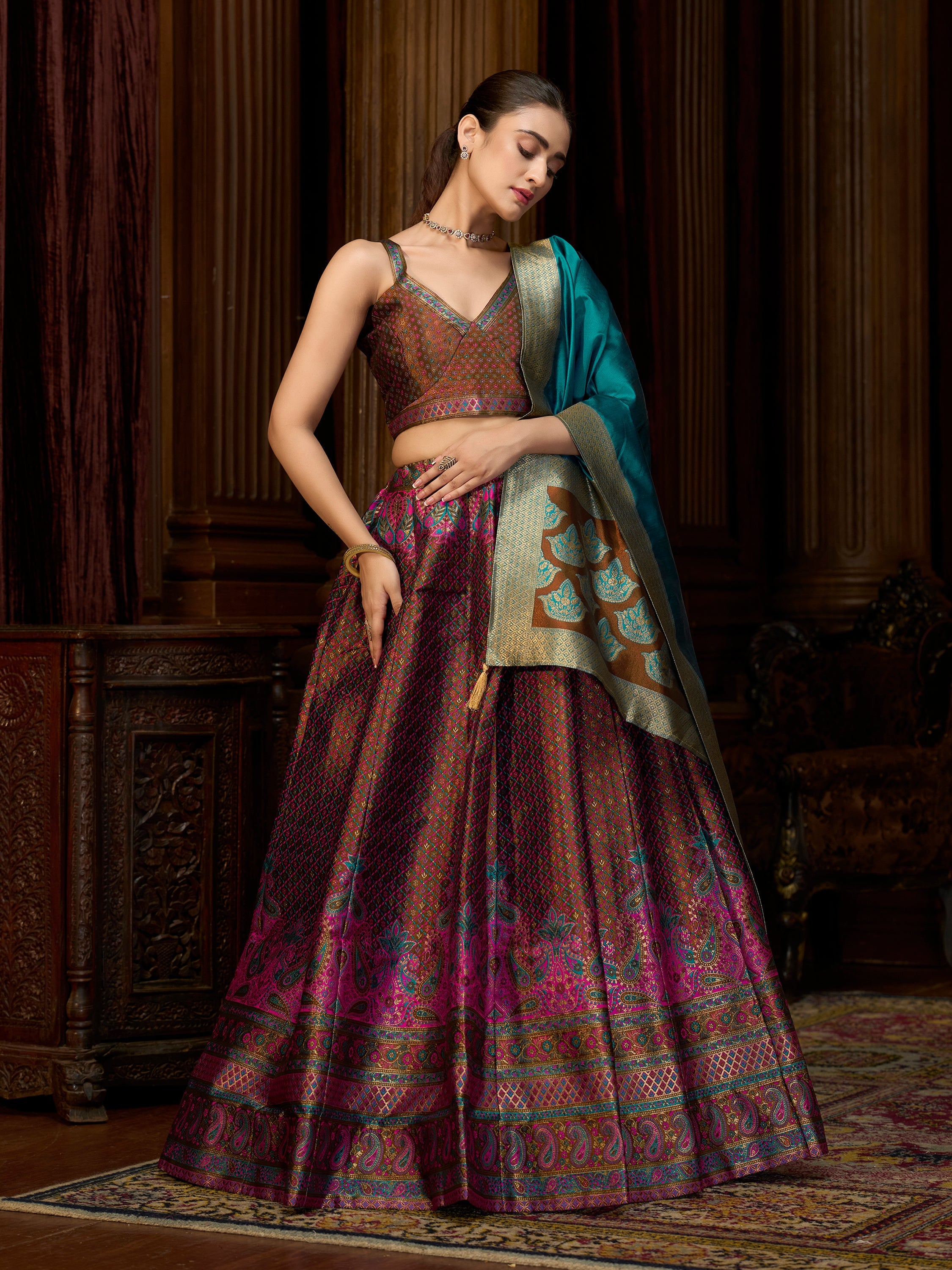 Women's Brown Kanjiwaram Lehengas