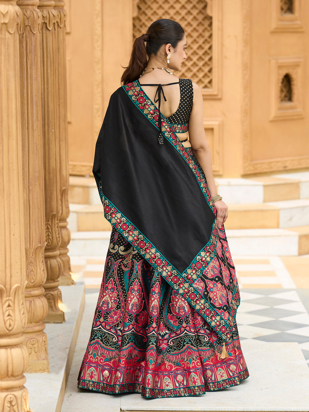 Women's Black Jacquard Crape Lehengas