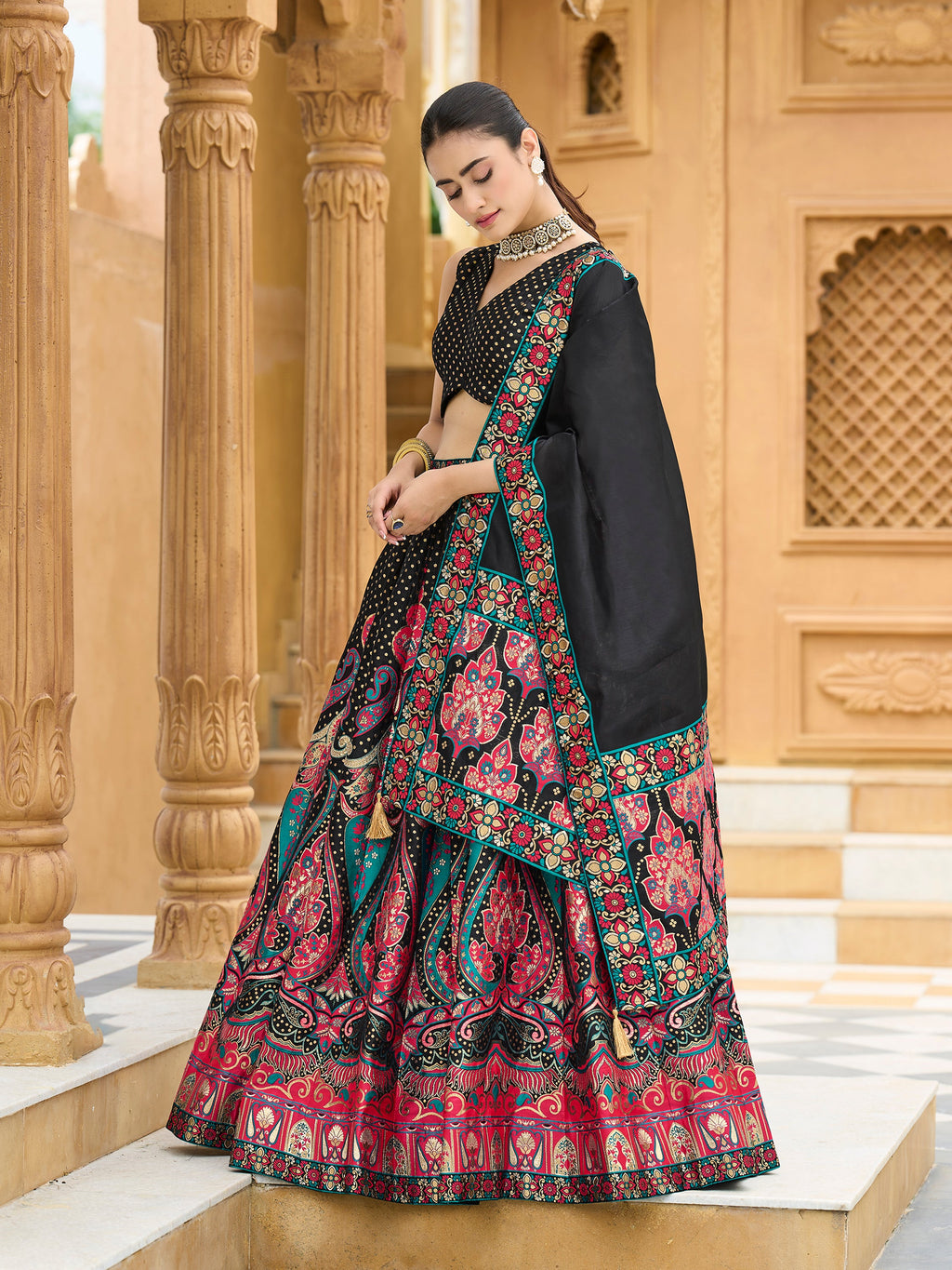 Women's Black Jacquard Crape Lehengas
