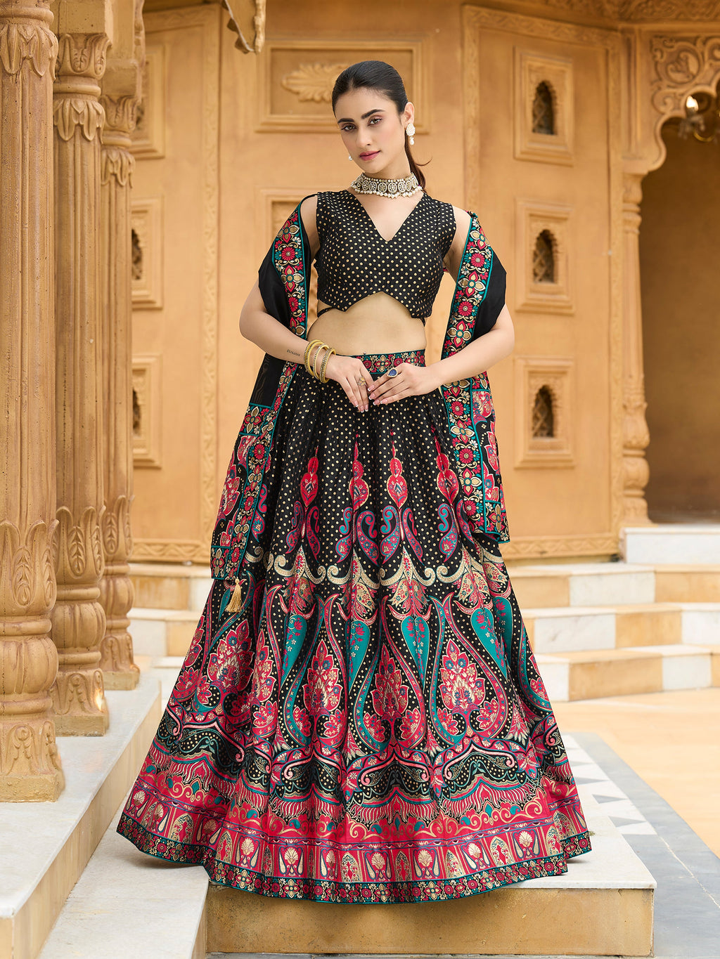 Women's Black Jacquard Crape Lehengas