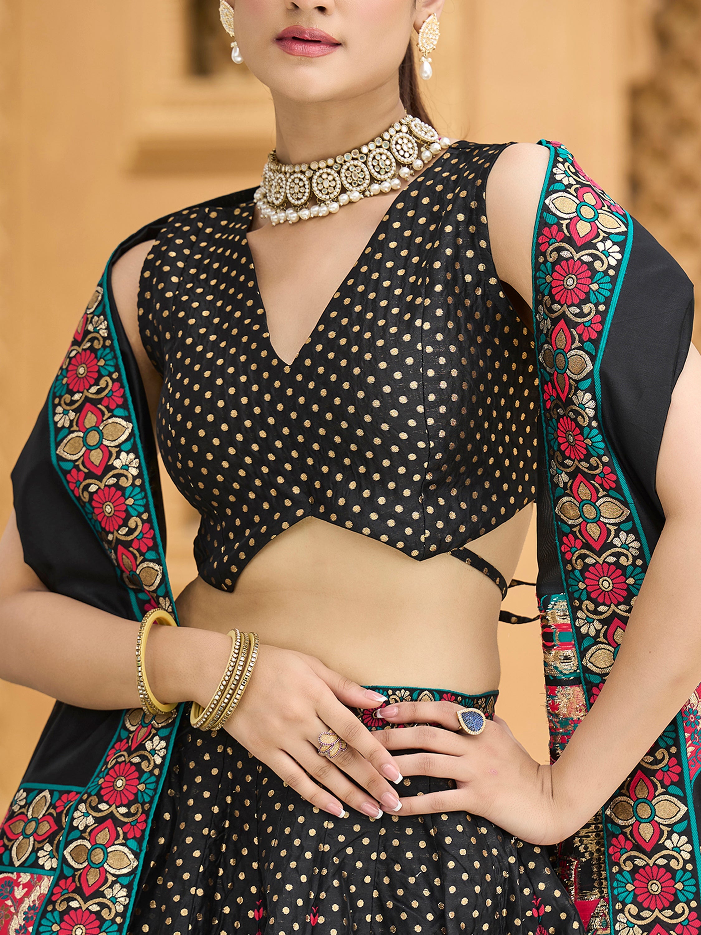 Women's Black Jacquard Crape Lehengas