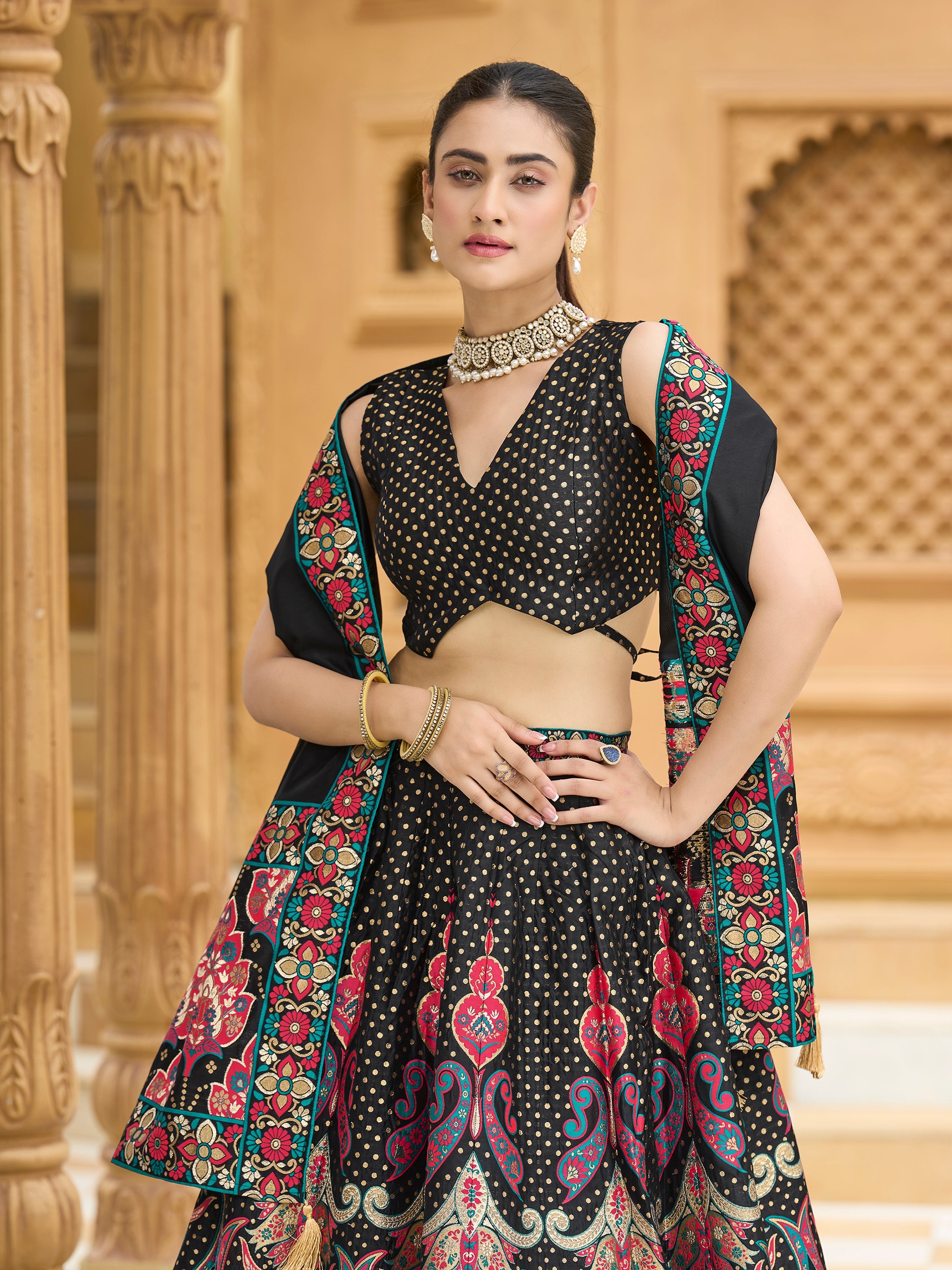 Women's Black Jacquard Crape Lehengas