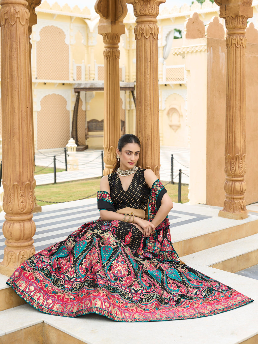 Women's Black Jacquard Crape Lehengas