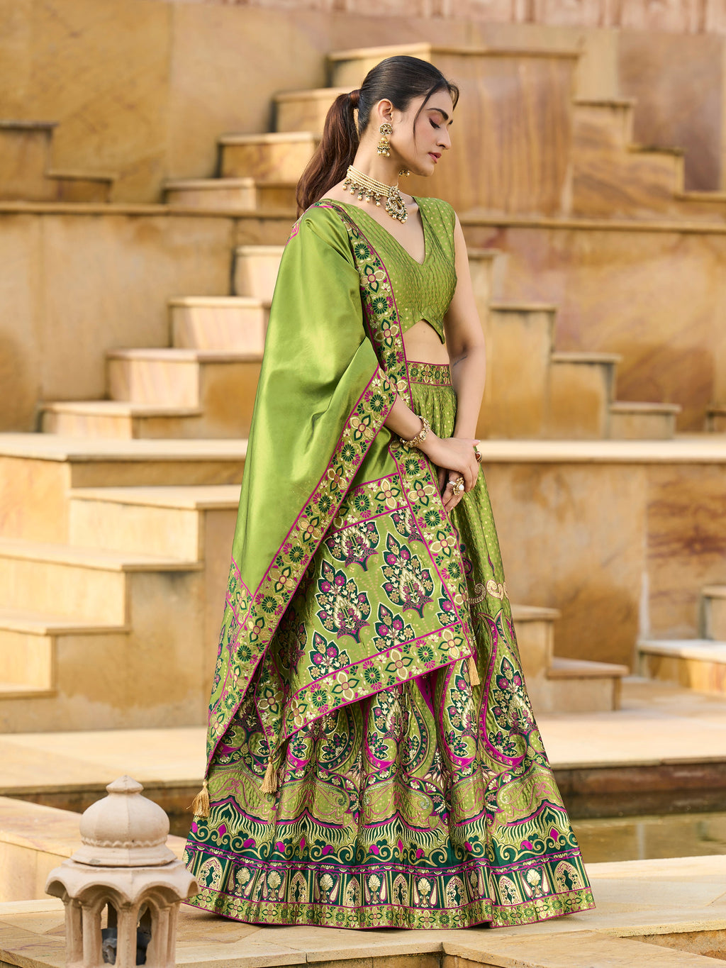 Women's Mehndi Jacquard Crape Lehengas