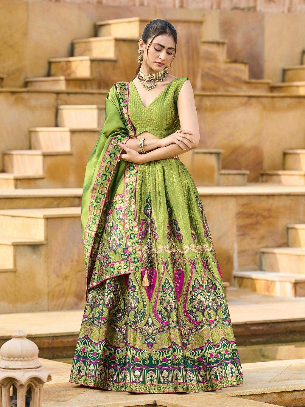 Women's Mehndi Jacquard Crape Lehengas