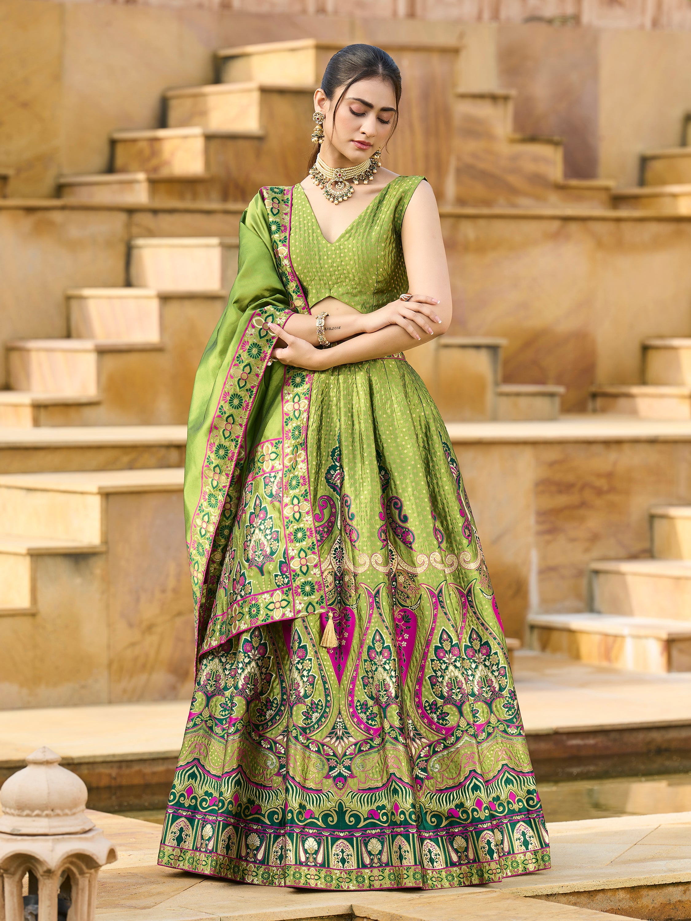 Women's Mehndi Jacquard Crape Lehengas