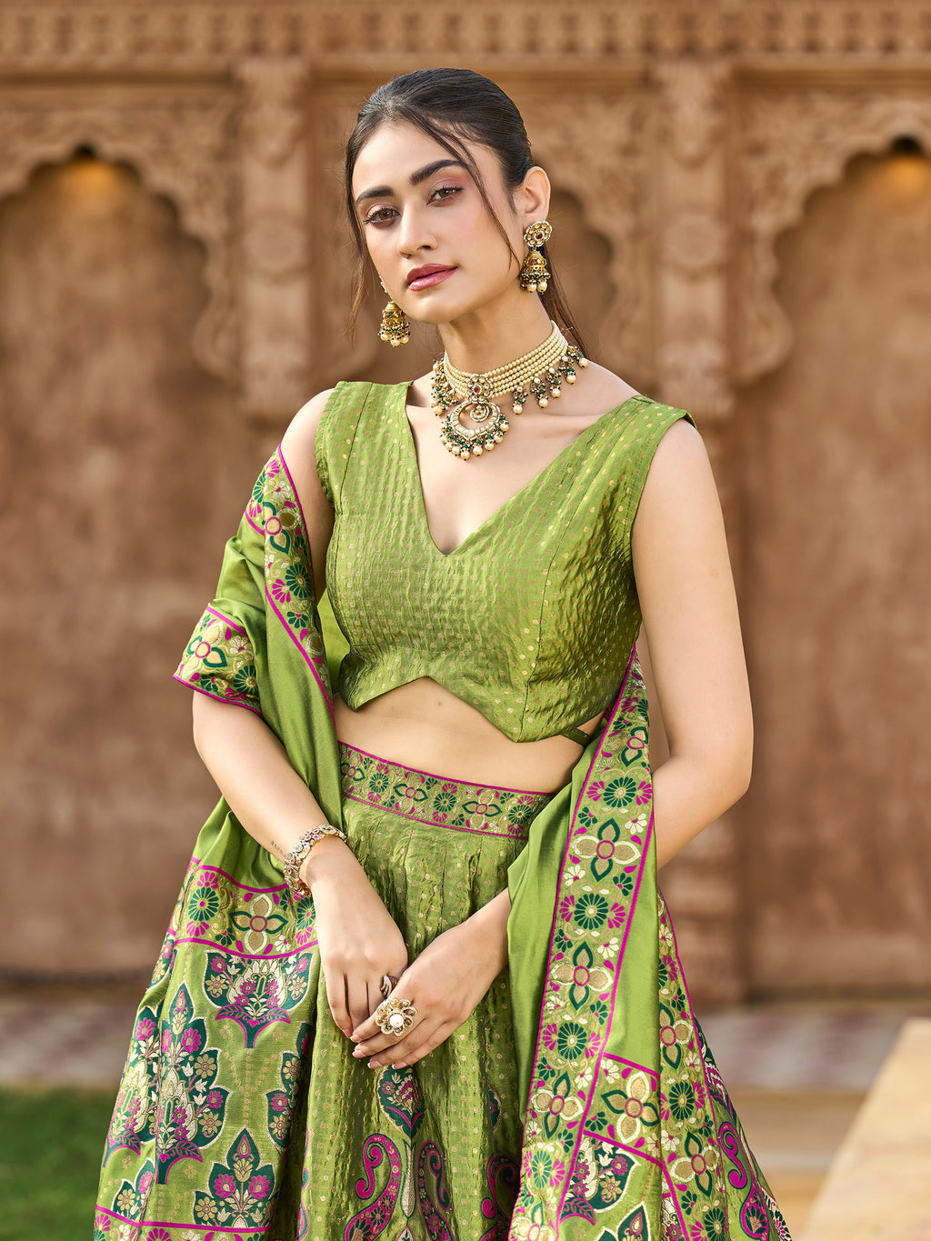 Women's Mehndi Jacquard Crape Lehengas
