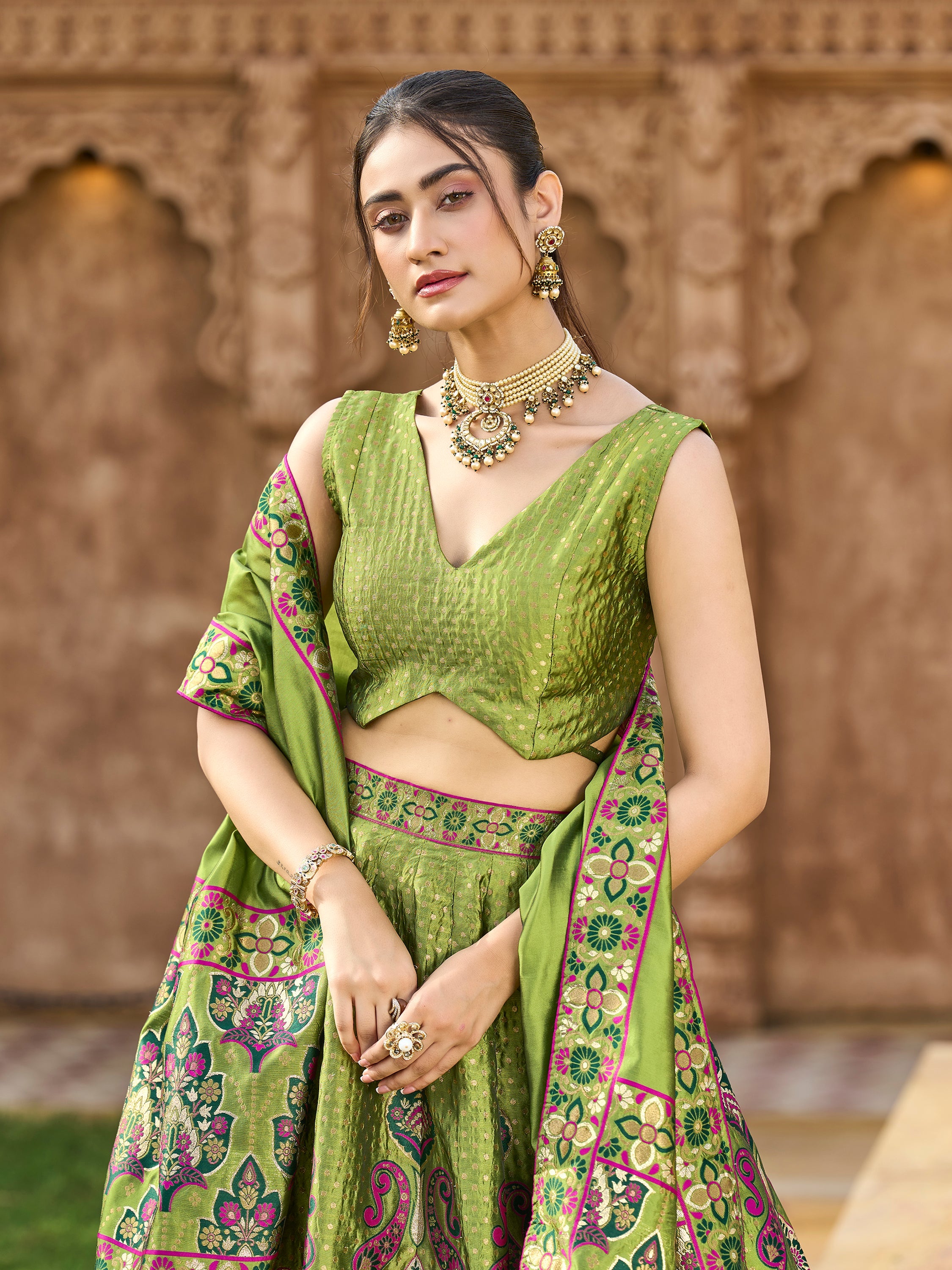 Women's Mehndi Jacquard Crape Lehengas