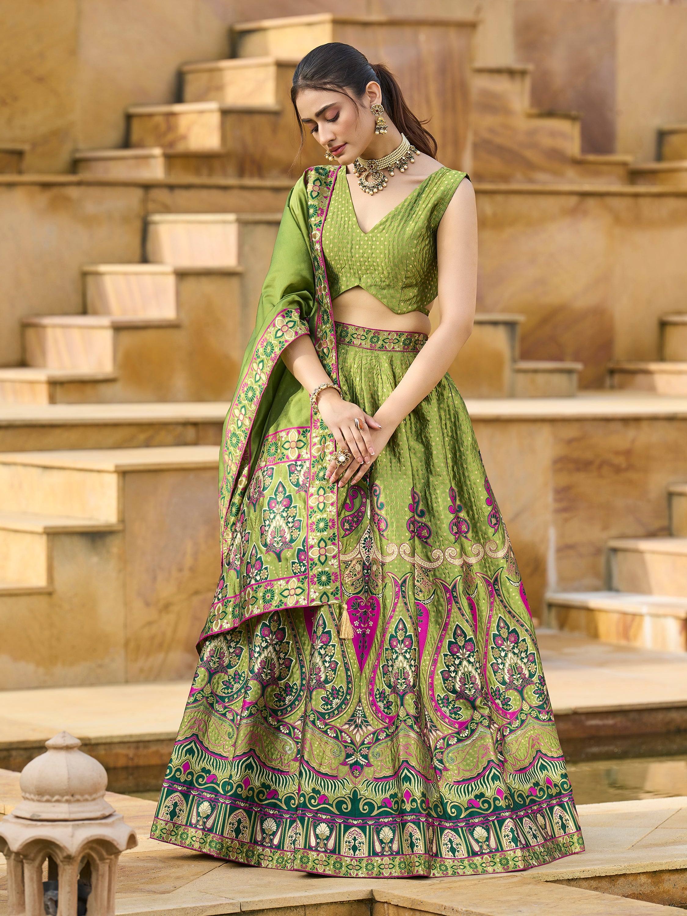 Women's Mehndi Jacquard Crape Lehengas