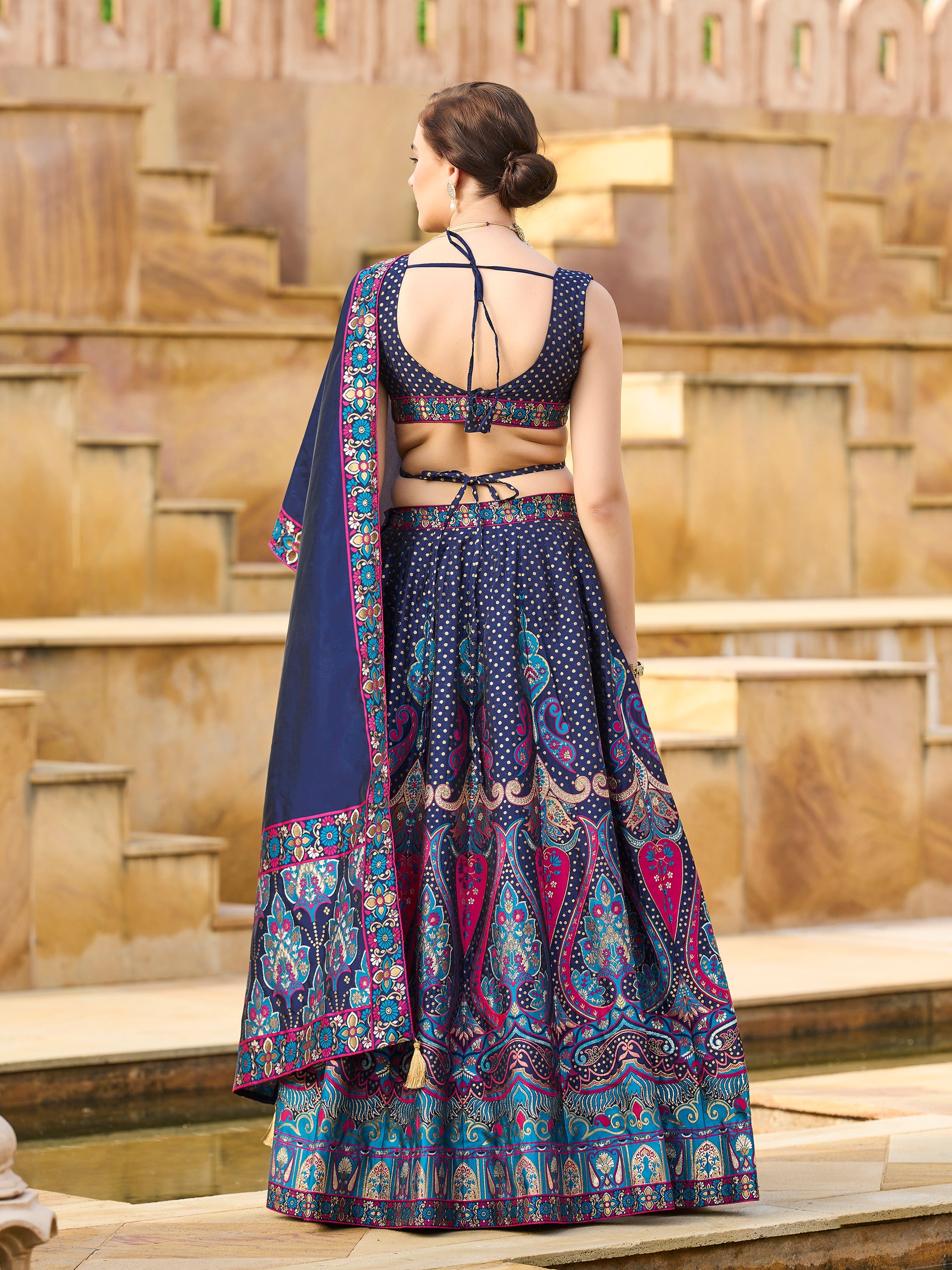 Women's Navy-Blue Jacquard Crape Lehengas